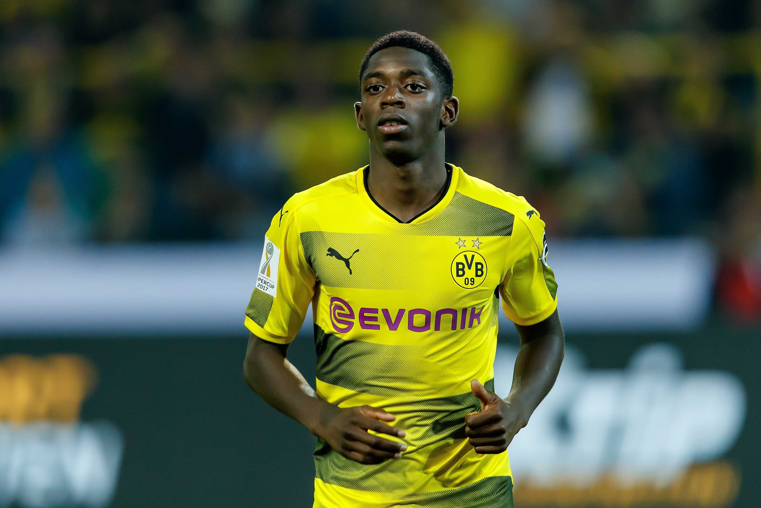 DORTMUND, GERMANY - AUGUST 05: Ousmane Dembele of Dortmund looks on during the DFL Supercup 2017 match between Borussia Dortmund and Bayern Muenchen at Signal Iduna Park on August 5, 2017 in Dortmund, Germany. (Photo by TF-Images/TF-Images via Getty Image