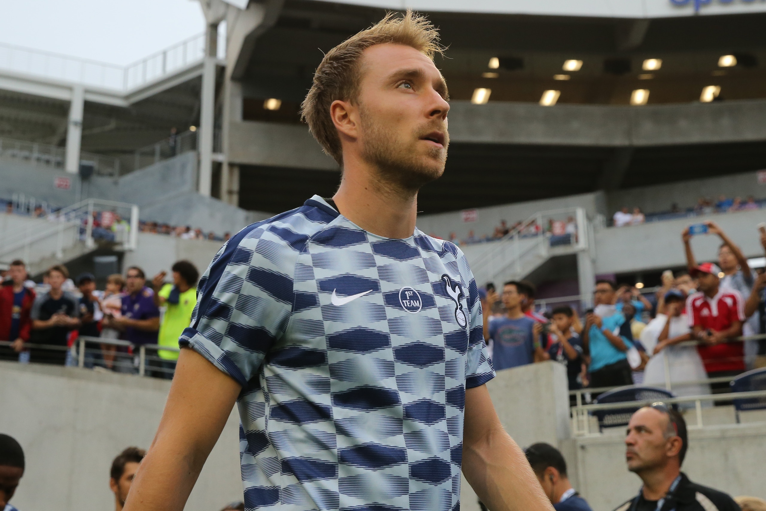 ORLANDO, FL - JULY 22: Christian Eriksen of Tottenham Hotspur walks out for warm up prior to the International Champions Cup match between Paris Saint-Germain and Tottenham Hotspur on July 22, 2017 in Orlando, United States. (Photo by Robbie Jay Barratt -