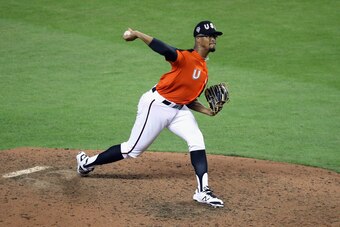 MIAMI, FL - JULY 09:  Jon Duplantier #29 of the Arizona Diamondbacks and the U.S. Team pitches against the World Team during the SiriusXM All-Star Futures Game at Marlins Park on July 9, 2017 in Miami, Florida.  (Photo by Rob Carr/Getty Images)