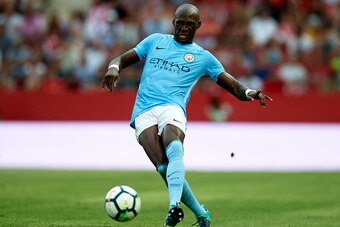 GIRONA, SPAIN - AUGUST 15:  Eliaquim Mangala of Manchester City in action during the pre-season friendly match between Girona and Manchester City at Municipal de Montilivi Stadium on August 15, 2017 in Girona, Spain.  (Photo by Manuel Queimadelos Alonso/G