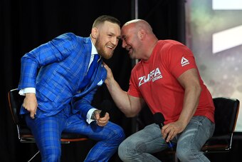TORONTO, ON - JULY 12:   Conor McGregor speaks with UFC President Dana White during the Floyd Mayweather Jr. v Conor McGregor World Press Tour at Budweiser Stage on July 12, 2017 in Toronto, Canada.  (Photo by Vaughn Ridley/Getty Images)