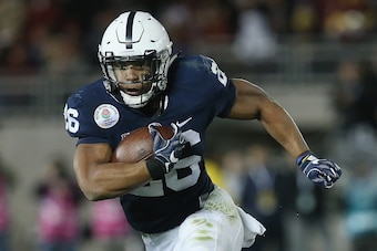 PASADENA, CA - JANUARY 02:  Running back Saquon Barkley #26 of the Penn State Nittany Lions runs with the ball against the USC Trojans during the 2017 Rose Bowl Game presented by Northwestern Mutual at the Rose Bowl on January 2, 2017 in Pasadena, Califor