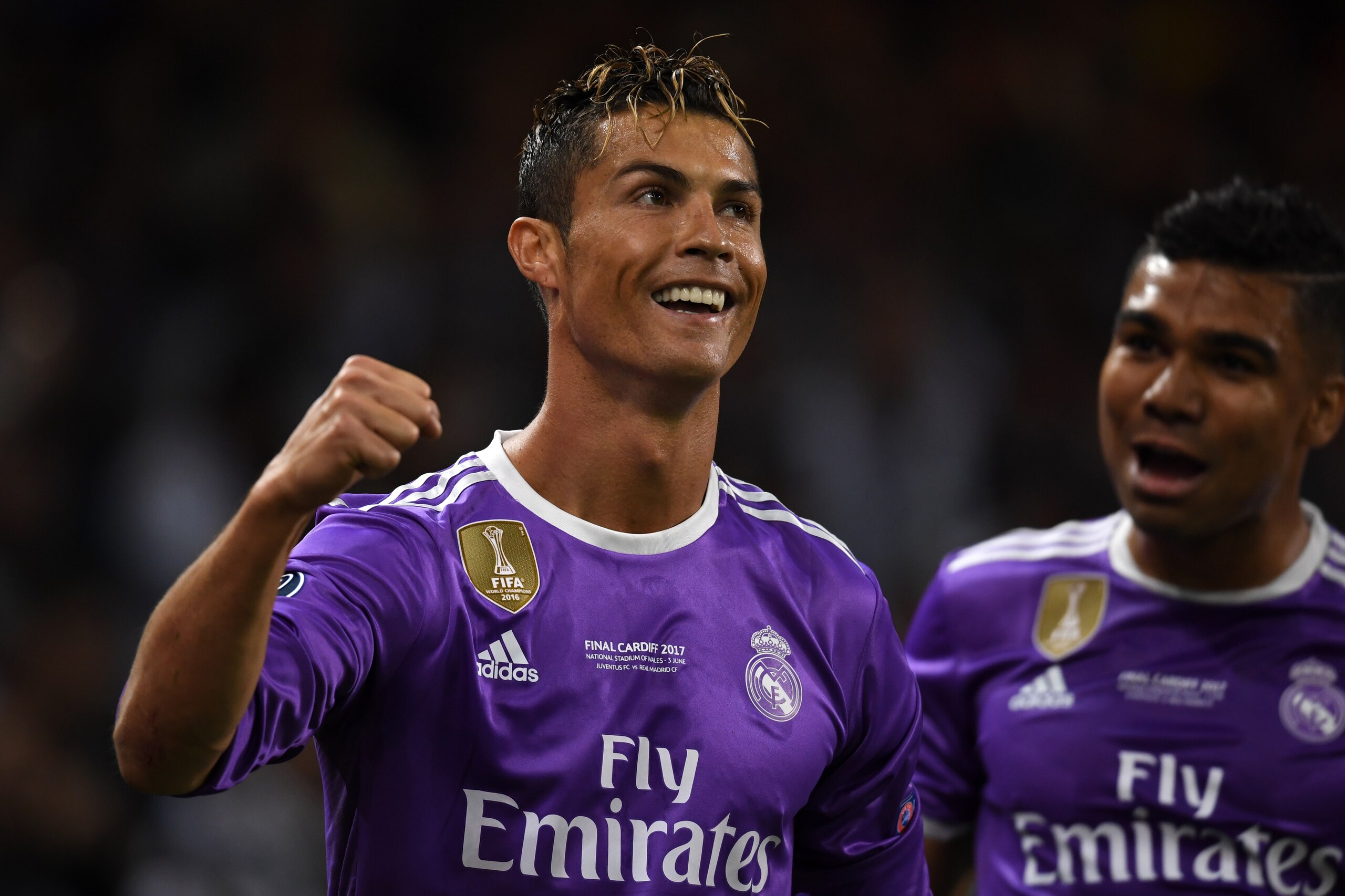 CARDIFF, WALES - JUNE 03: Cristiano Ronaldo of Real Madrid celebrates scoring the opening goal during the UEFA Champions League final match between Juventus and Real Madrid at National Stadium of Wales on June 3, 2017 in Cardiff, Wales. (Photo by Etsuo Ha