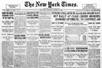The front page of the New York Times the day after Black Tuesday.