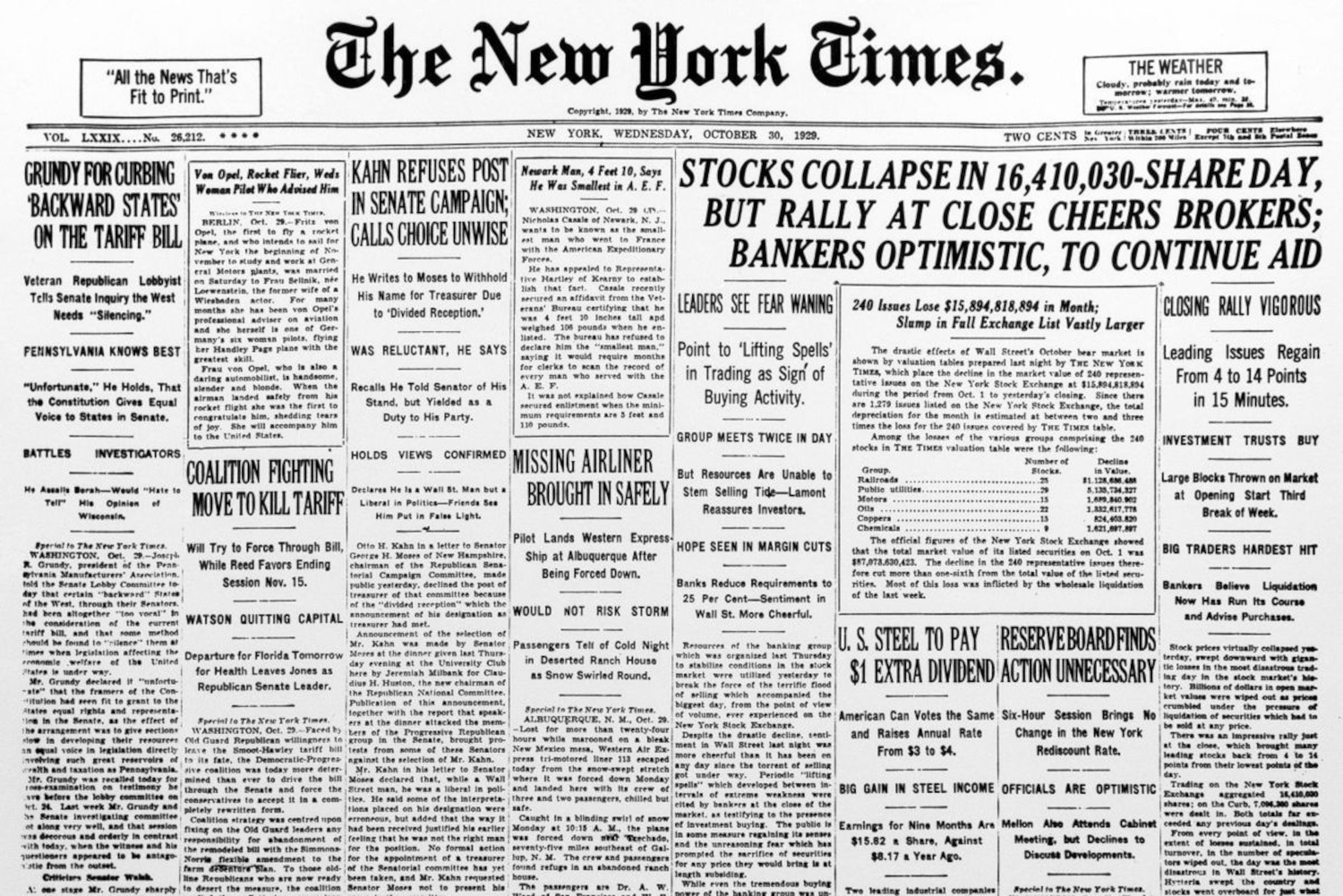 The front page of the New York Times the day after Black Tuesday.