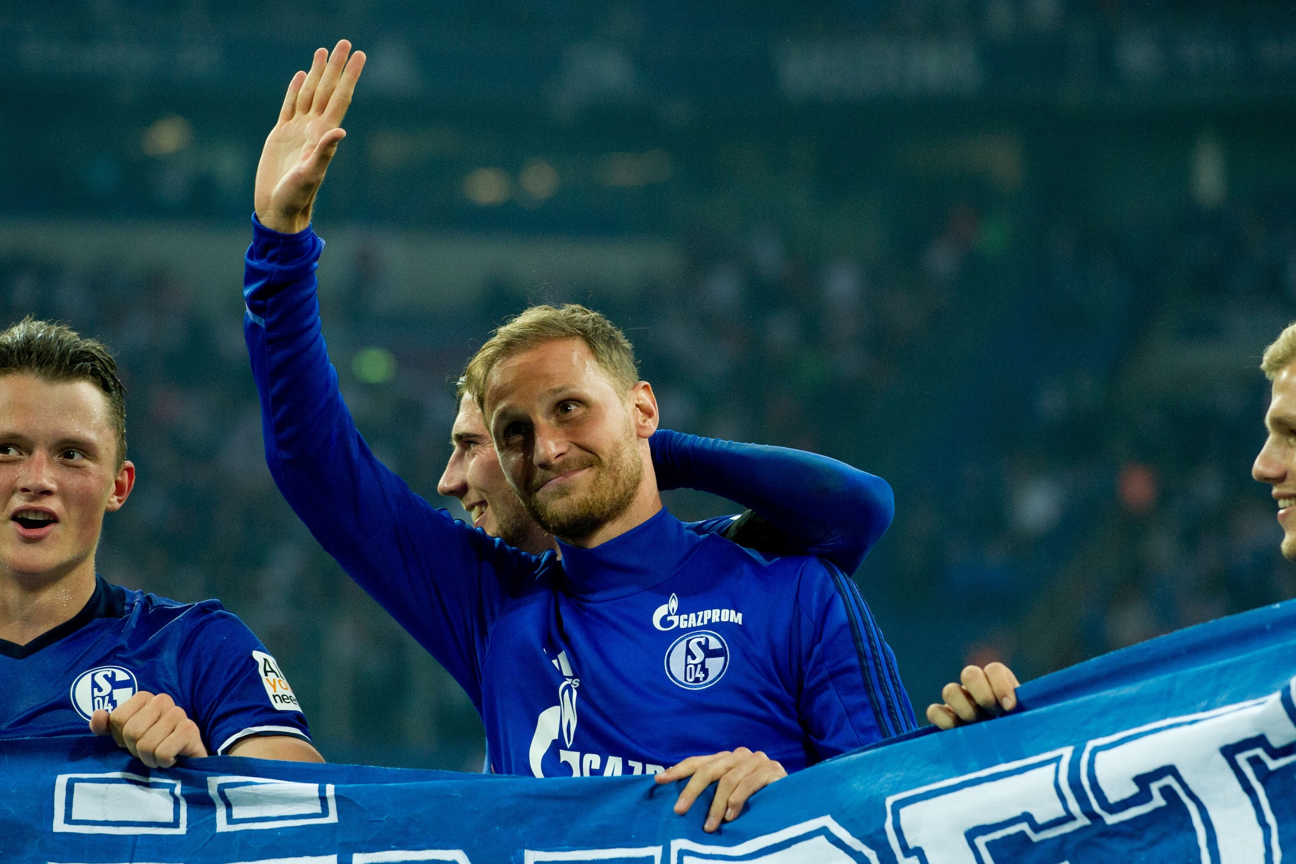GELSENKIRCHEN, GERMANY - AUGUST 19:  Benedikt Hoewedes of Schalke celebrate their win during the Bundesliga match between FC Schalke 04 and RB Leipzig at Veltins-Arena on August 19, 2017 in Gelsenkirchen, Germany. (Photo by TF-Images/TF-Images via Getty I