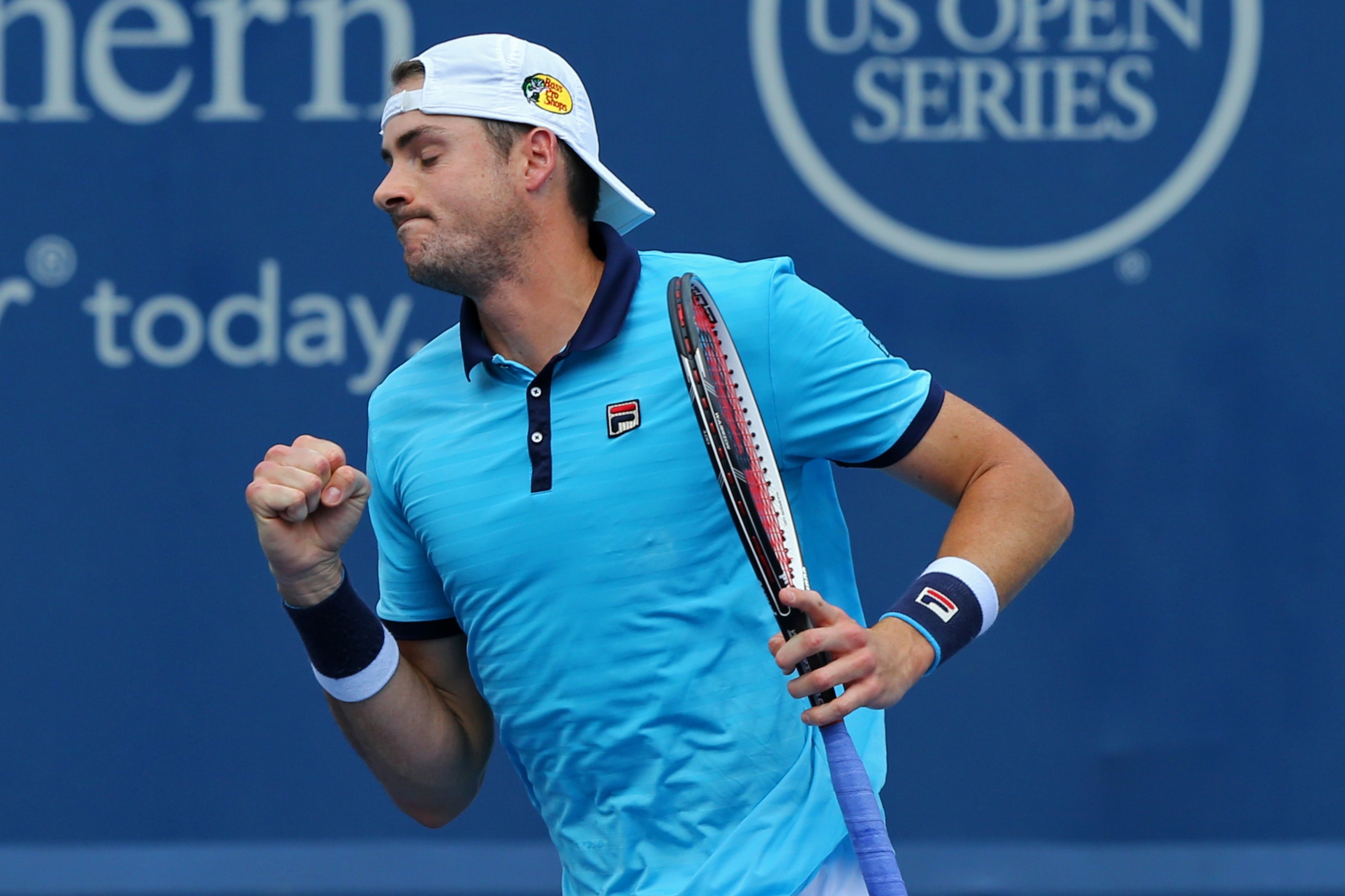 Aug 19, 2017; Mason, OH, USA; John Isner (USA) reacts against Grigor Dimitrov (ESP) during the Western and Southern Open at the Lindner Family Tennis Center. Mandatory Credit: Aaron Doster-USA TODAY Sports