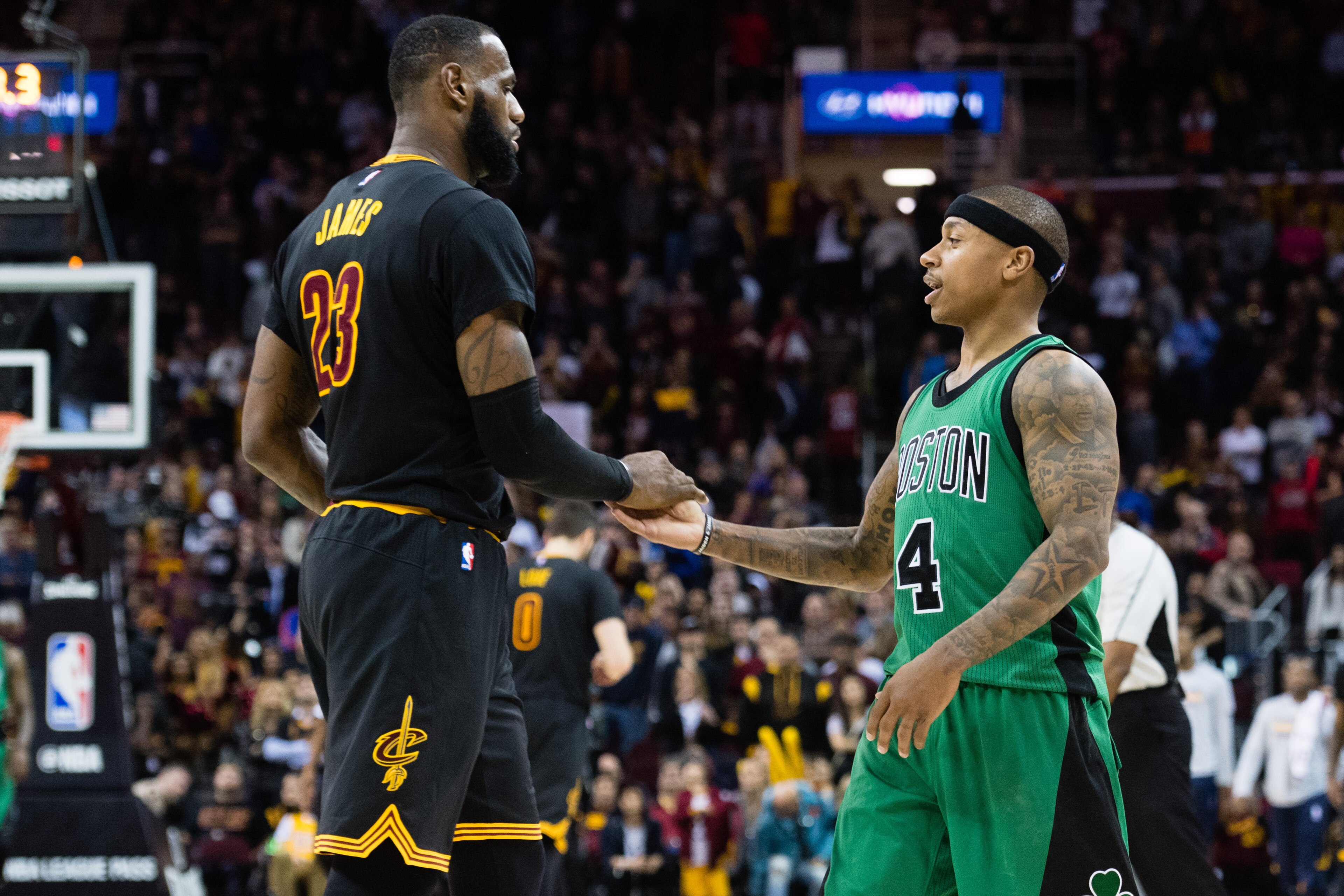 CLEVELAND, OH - DECEMBER 29: LeBron James #23 of the Cleveland Cavaliers celebrates with Isaiah Thomas #4 of the Boston Celtics during the final seconds second half at Quicken Loans Arena on December 29, 2016 in Cleveland, Ohio. The Cavaliers defeated the