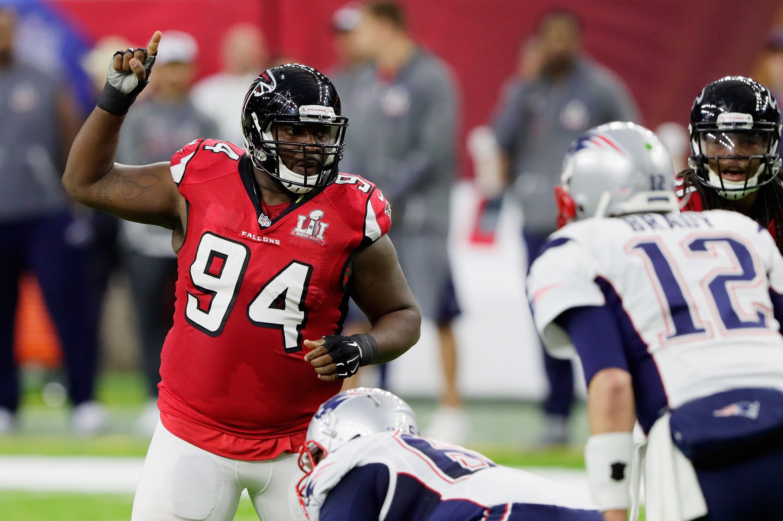 HOUSTON, TX - FEBRUARY 05:  Tyson Jackson #94 of the Atlanta Falcons reacts in the first quarter against the New England Patriots during Super Bowl 51 at NRG Stadium on February 5, 2017 in Houston, Texas.  (Photo by Jamie Squire/Getty Images)