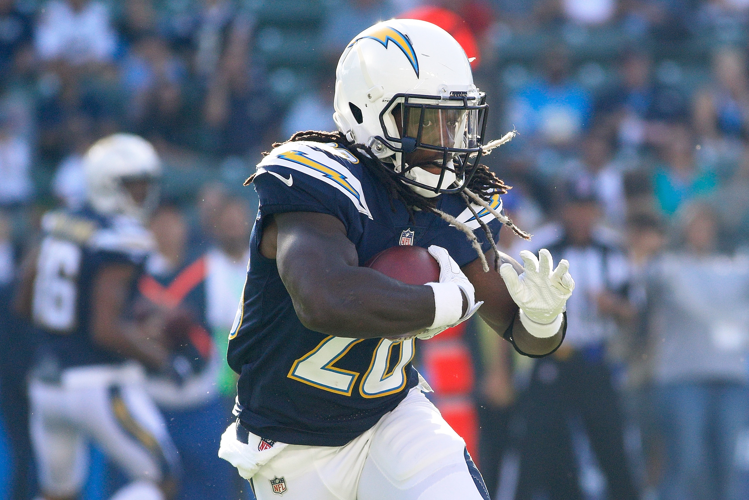 CARSON, CA - AUGUST 20:  Melvin Gordon #28 of the Los Angeles Chargers runs the ball down field during the game between the Los Angeles Chargers and the New Orleans Saints at the StubHub Center on August 20, 2017 in Carson, California.  (Photo by Josh Lef