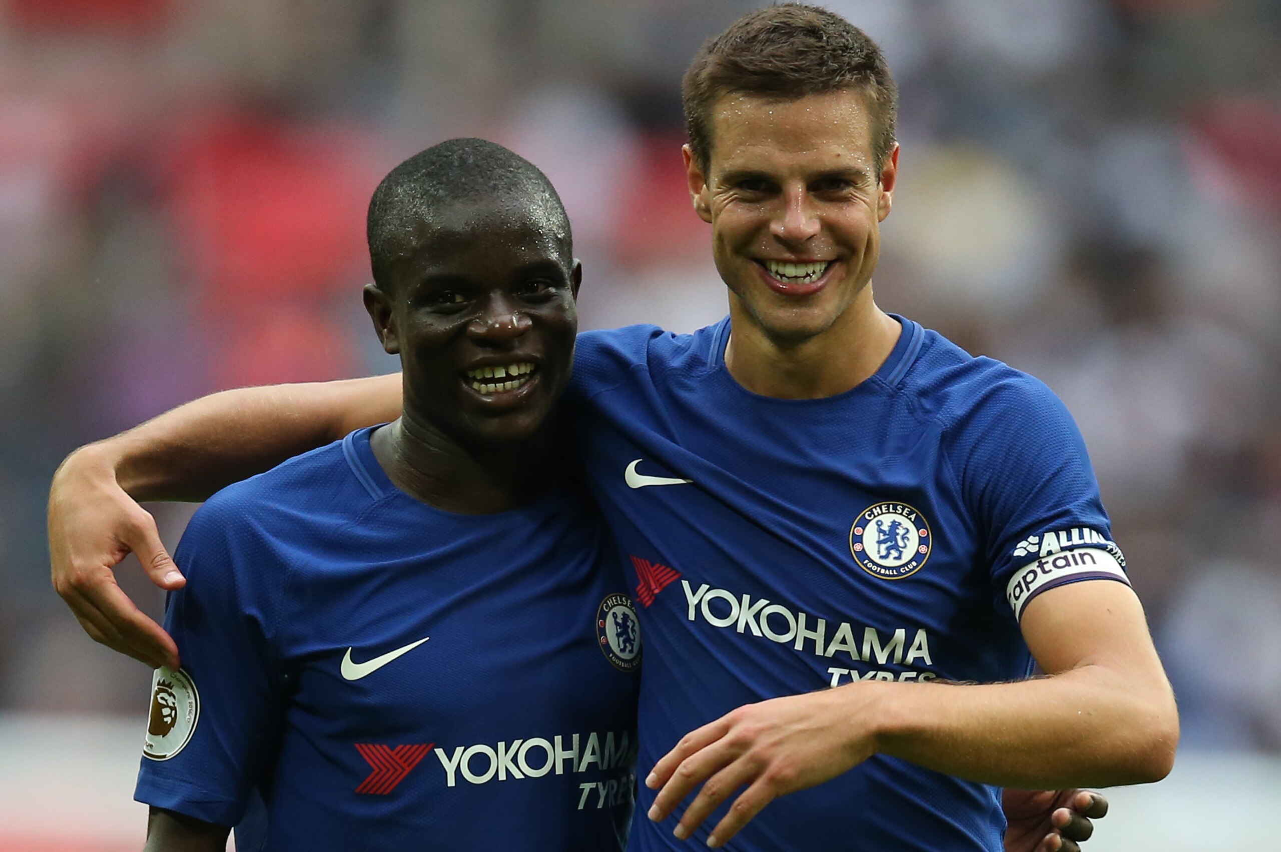 LONDON, ENGLAND - AUGUST 20: NÕgolo Kante of Chelsea and Cesar Azpilicueta of Chelsea after the Premier League match between Tottenham Hotspur and Chelsea at Wembley Stadium on August 20, 2017 in London, England. (Photo by Catherine Ivill - AMA/Getty Imag