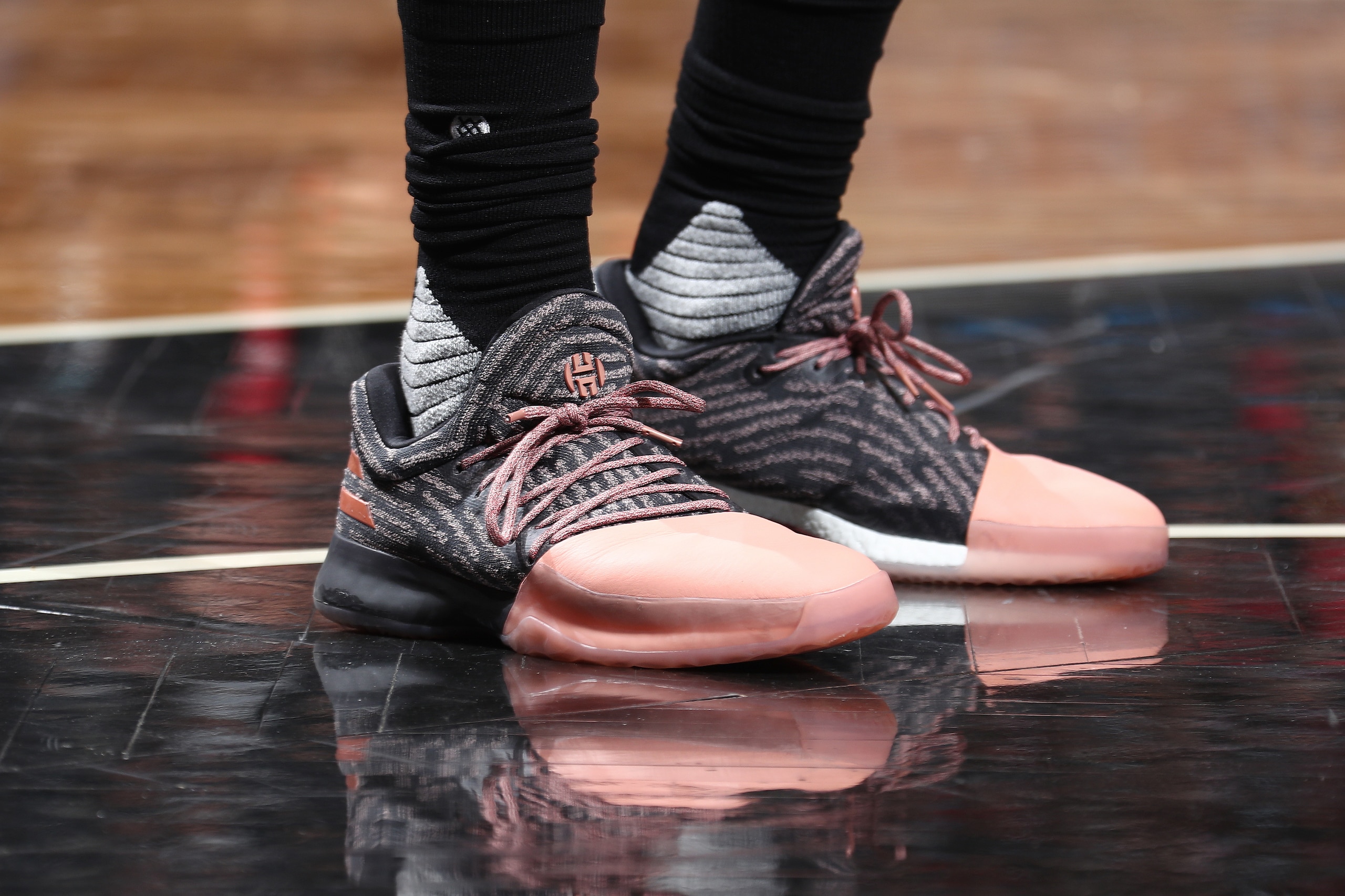 BROOKLYN, NY - JANUARY 15: The sneakers of James Harden #13 of the Houston Rockets are seen during the game against the Brooklyn Nets on January 15, 2017 at Barclays Center in Brooklyn, New York. NOTE TO USER: User expressly acknowledges and agrees that, 