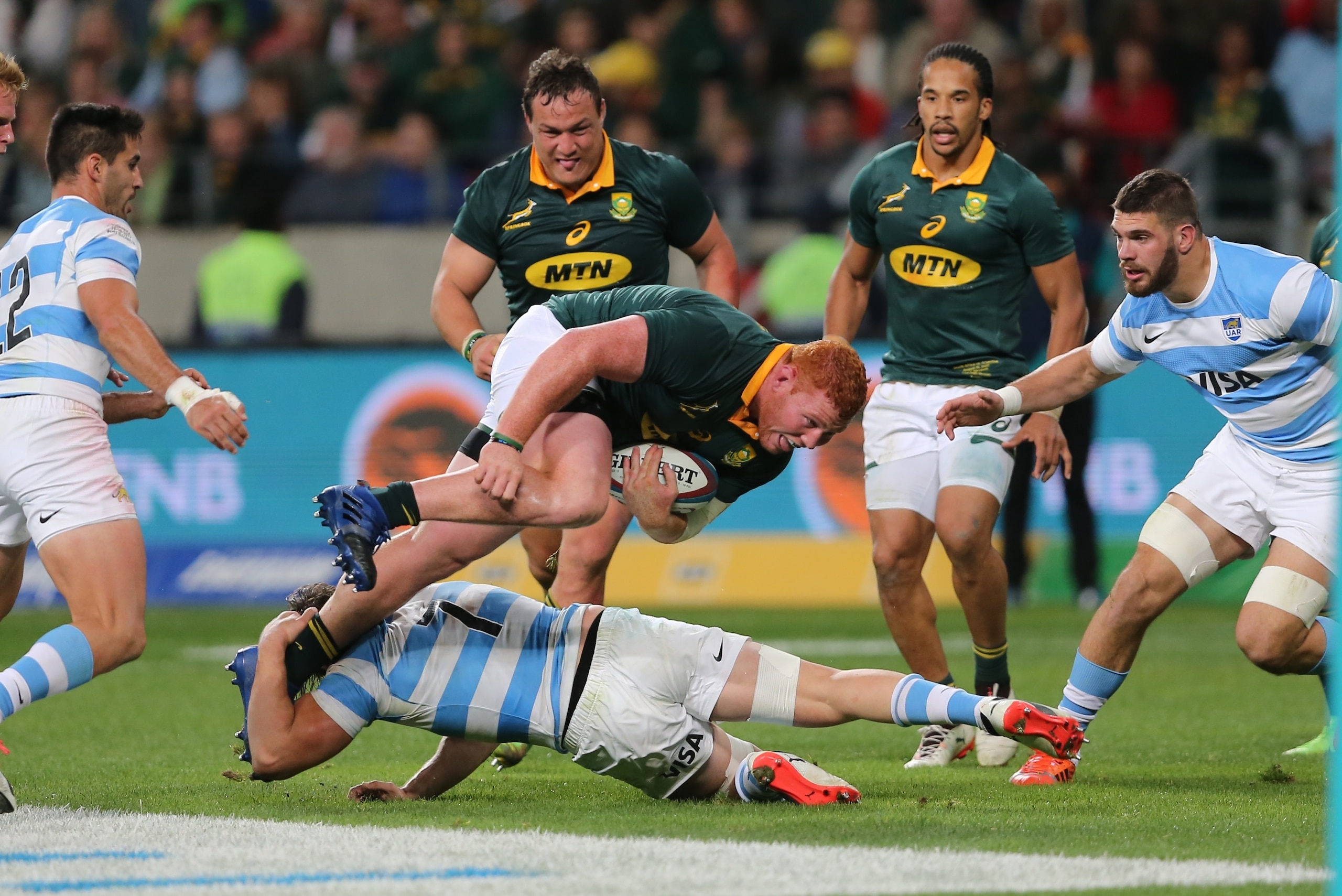 PORT ELIZABETH, SOUTH AFRICA - AUGUST 19: Ball carrier Steven Kitshoff of South Africa during the Rugby Championship match between South Africa and Argentina at Nelson Mandela Bay Stadium on August 19, 2017 in Port Elizabeth, South Africa. (Photo by Richa