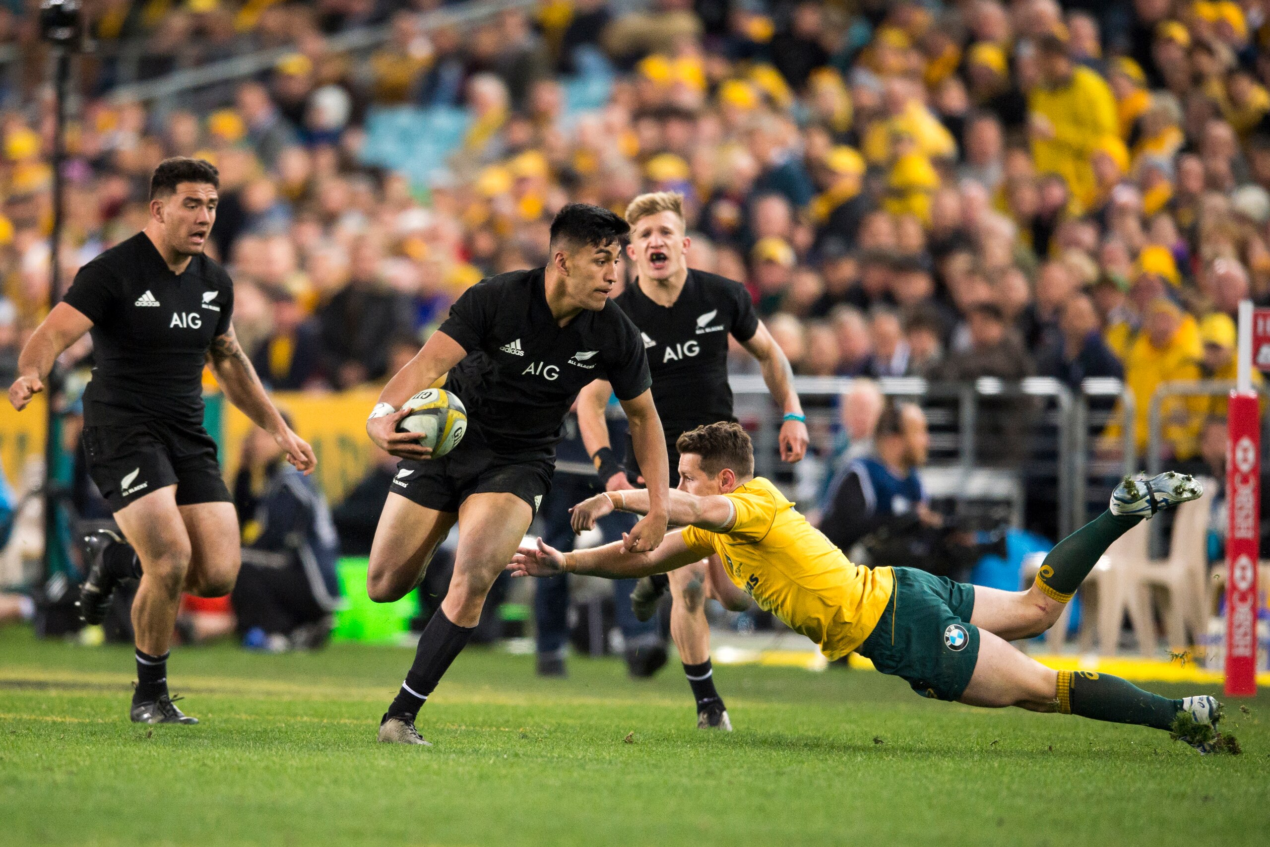 Rieko Ioane of the All Blacks runs the ball during The Rugby Championship, Bledisloe Cup match between the Australian Wallabies and the New Zealand All Blacks at ANZ Stadium in Sydney NSW Australia, 19th August 2017. Photo: Andrew Aylett