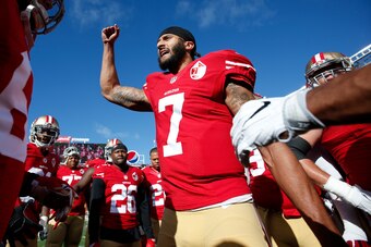 SANTA CLARA, CA - JANUARY 1: Colin Kaepernick #7 of the San Francisco 49ers fires the team up on the field prior to the game against the Seattle Seahawks at Levi Stadium on January 1, 2017 in Santa Clara, California. The Seahawks defeated the 49ers 25-23.