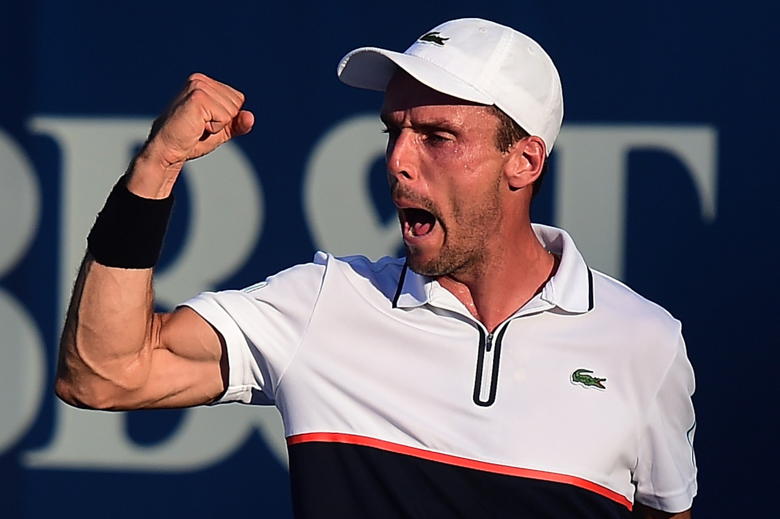 WINSTON-SALEM, NC - AUGUST 23:  Roberto Bautista Agut of Spain reacts after defeating Marcos Baghdatis of Cyprus during the fifth day of the Winston-Salem Open at Wake Forest University on August 23, 2017 in Winston-Salem, North Carolina.  (Photo by Jared
