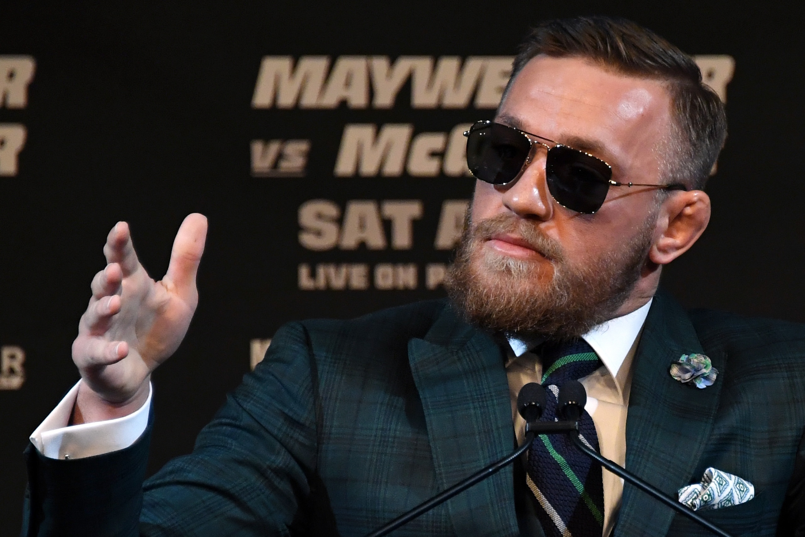 LAS VEGAS, NV - AUGUST 23:  UFC lightweight champion Conor McGregor speaks during a news conference at the KA Theatre at MGM Grand Hotel & Casino on August 23, 2017 in Las Vegas, Nevada. McGregor will meet boxer Floyd Mayweather Jr. in a super welterweigh