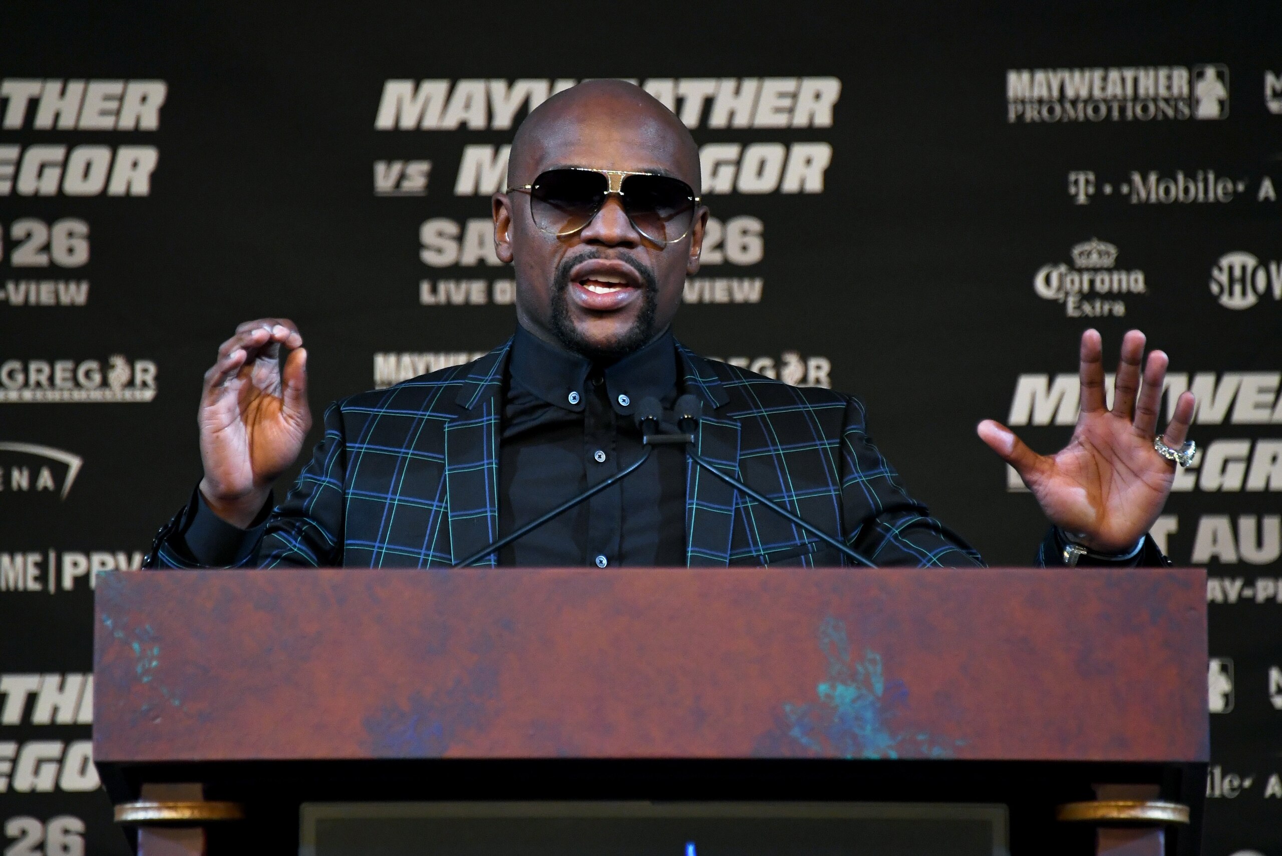 LAS VEGAS, NV - AUGUST 23:  Boxer Floyd Mayweather Jr. speaks during a news conference at the KA Theatre at MGM Grand Hotel & Casino on August 23, 2017 in Las Vegas, Nevada. Mayweather will meet UFC lightweight champion Conor McGregor in a super welterwei