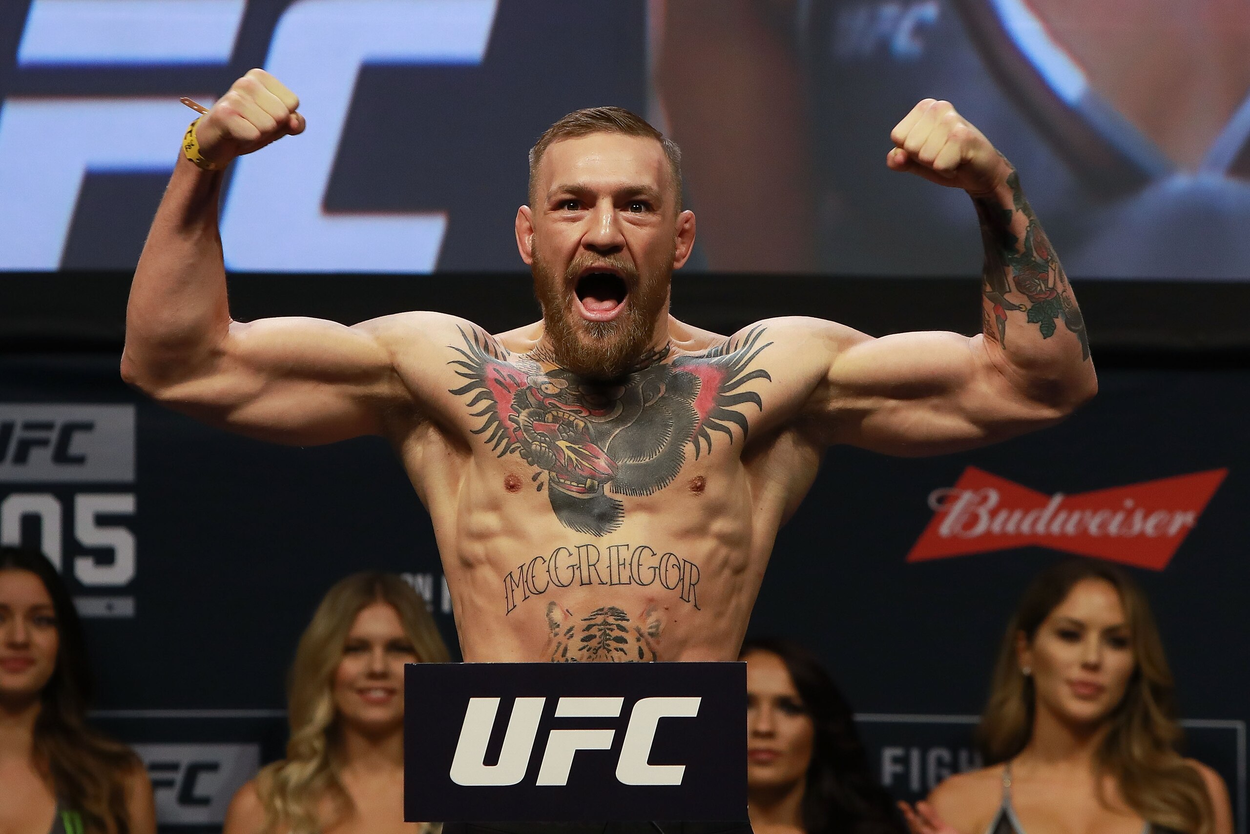 NEW YORK, NY - NOVEMBER 11:  UFC Featherweight Champion Conor McGregor reacts during UFC 205 Weigh-ins at Madison Square Garden on November 11, 2016 in New York City.  (Photo by Michael Reaves/Getty Images)