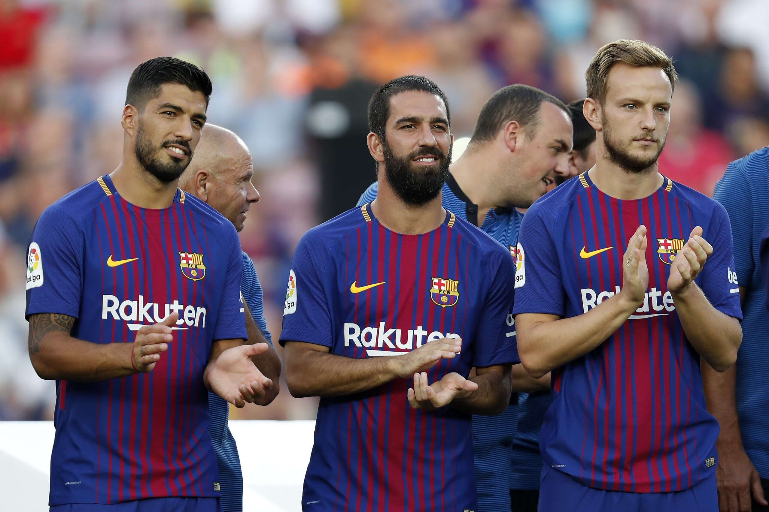 (L-R) Luis Suarez of FC Barcelona, Arda Turan of FC Barcelona, Ivan Rakitic of FC Barcelona during the Trofeu Joan Gamper match between FC Barcelona and Chapecoense on August 7, 2017 at the Camp Nou stadium in Barcelona, Spain.(Photo by VI Images via Gett