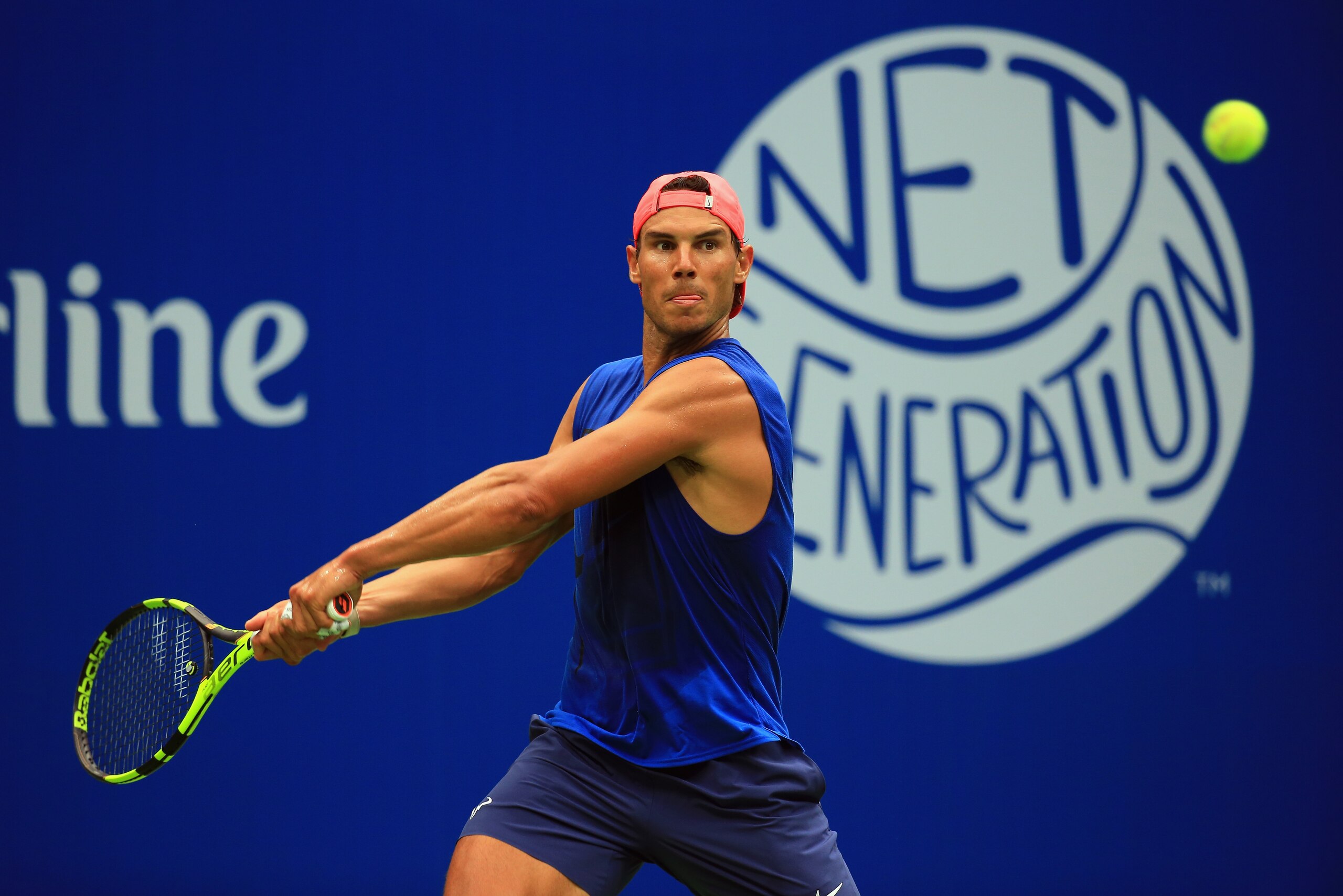 NEW YORK, NY - AUGUST 25:  Rafael Nadal of Spain plays a shot while practicing prior to the start of the 2017 US Open at the USTA Billie Jean King National Tennis Center on August 25, 2017 in the Queens borough of New York City.  (Photo by Chris Trotman/G