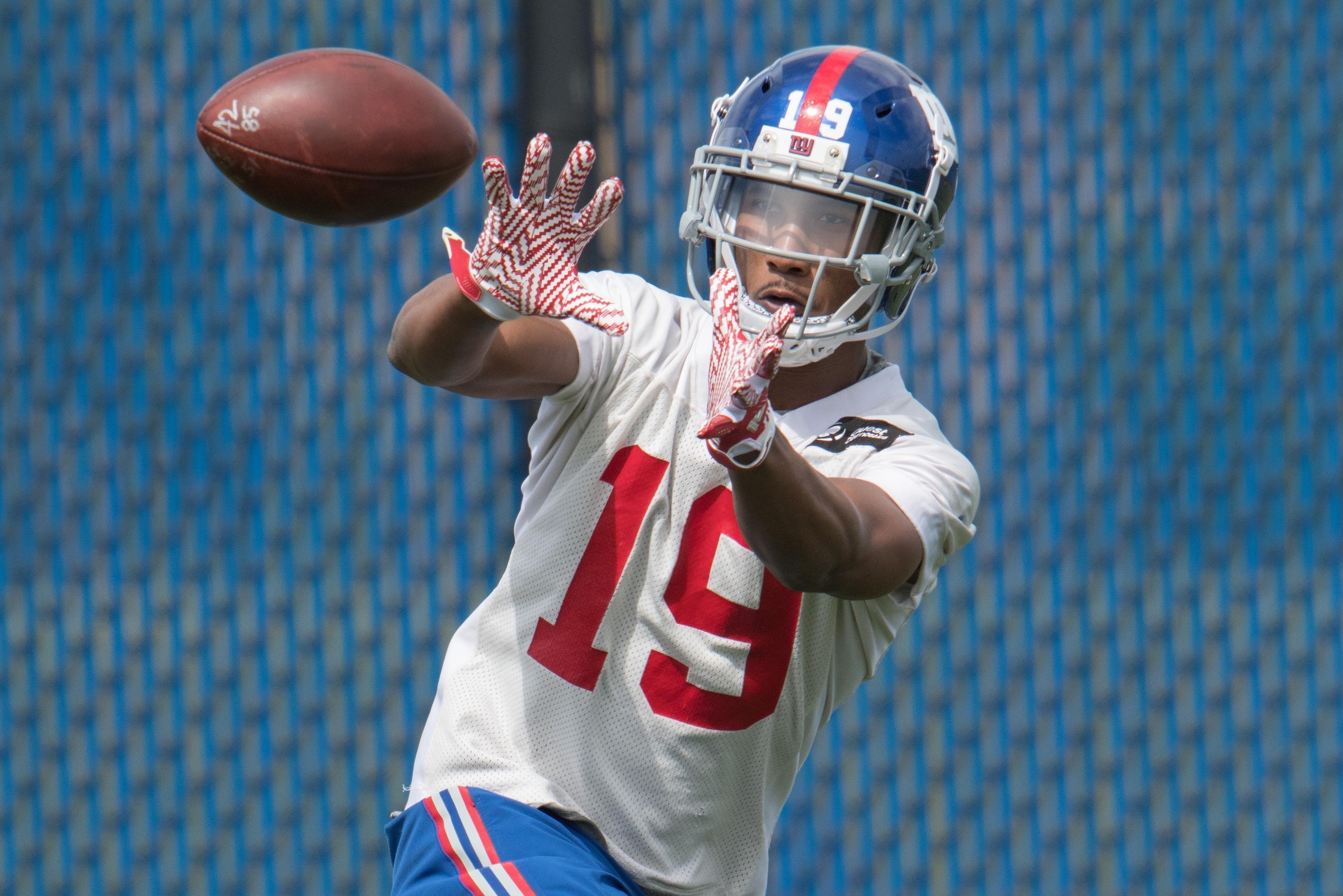 May 12, 2017; East Rutherford, NJ, USA;   New York Giants wide receiver Travis Rudolph (19) catches the ball during rookie mini camp at Quest Diagnostics Training Center. Mandatory Credit: William Hauser-USA TODAY Sports