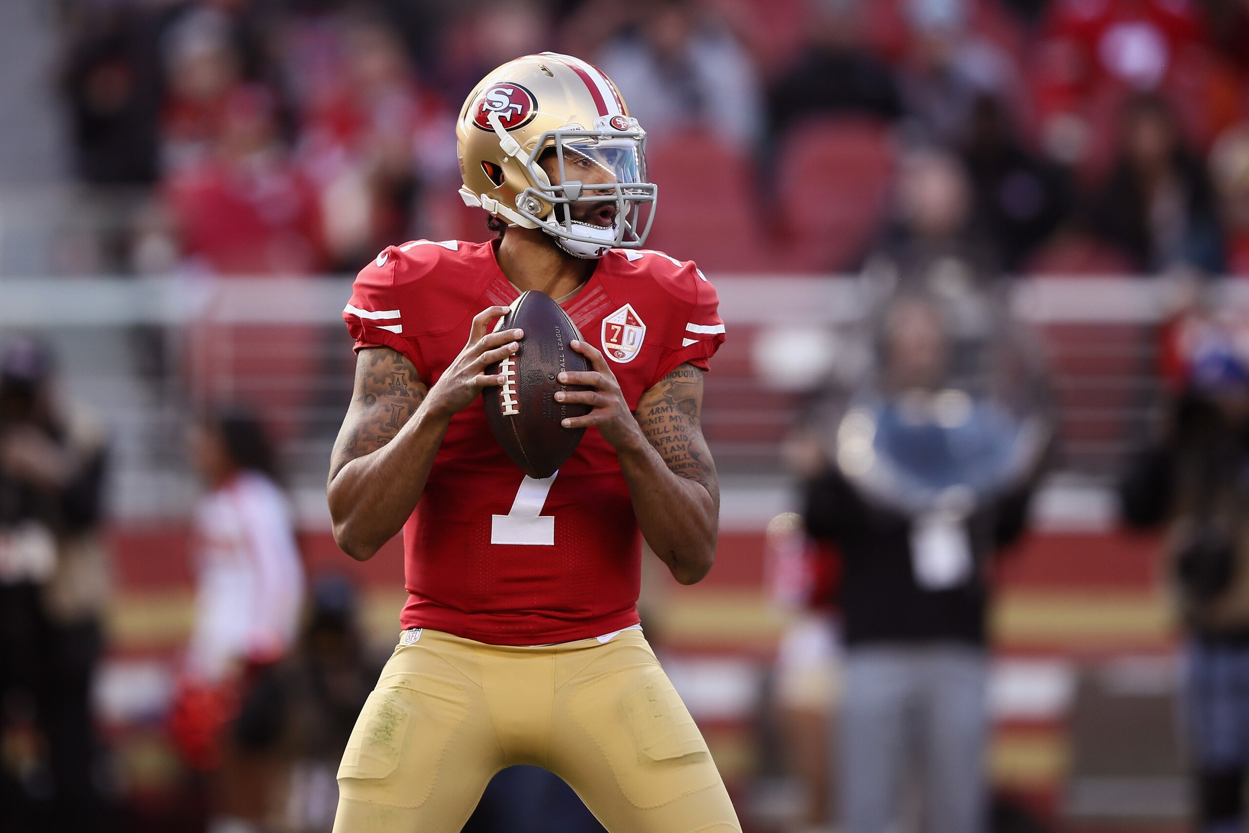 SANTA CLARA, CA - JANUARY 01: Colin Kaepernick #7 of the San Francisco 49ers drops back to pass against the Seattle Seahawks at Levi's Stadium on January 1, 2017 in Santa Clara, California. (Photo by Ezra Shaw/Getty Images) SANTA CLARA, CA - JANUARY 01: Colin Kaepernick #7 of the San Francisco 49ers drops back to pass against the Seattle Seahawks at Levi's Stadium on January 1, 2017 in Santa Clara, California. (Photo by Ezra Shaw/Getty Images)