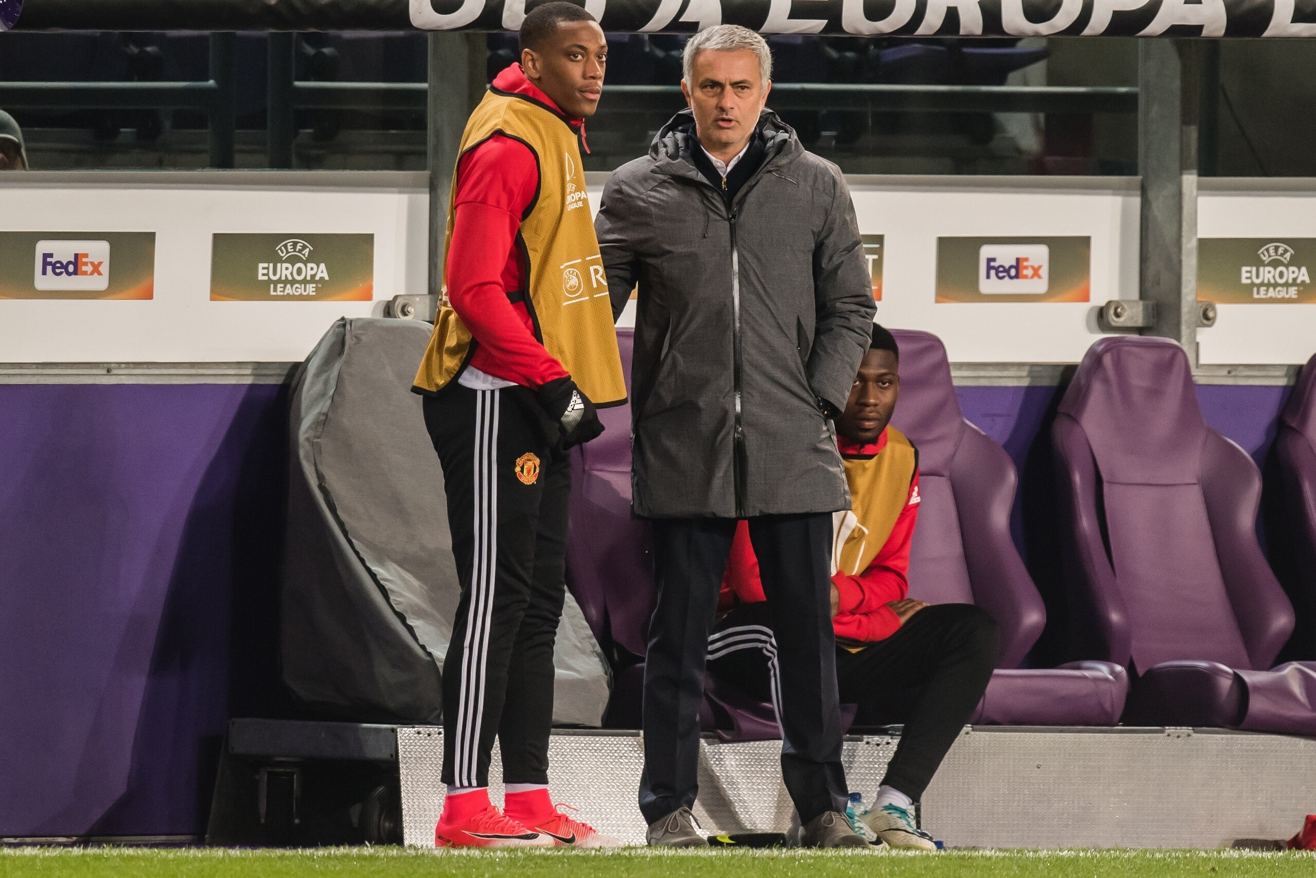 (L-R) Anthony Martial of Manchester United, coach Jose Mourinho of Manchester Unitedduring the UEFA Europa League quarter final match between RSC Anderlecht and Manchester United on April 13, 2017 at Constant Vanden Stock Stadium in Brussels, Belgium.(Pho