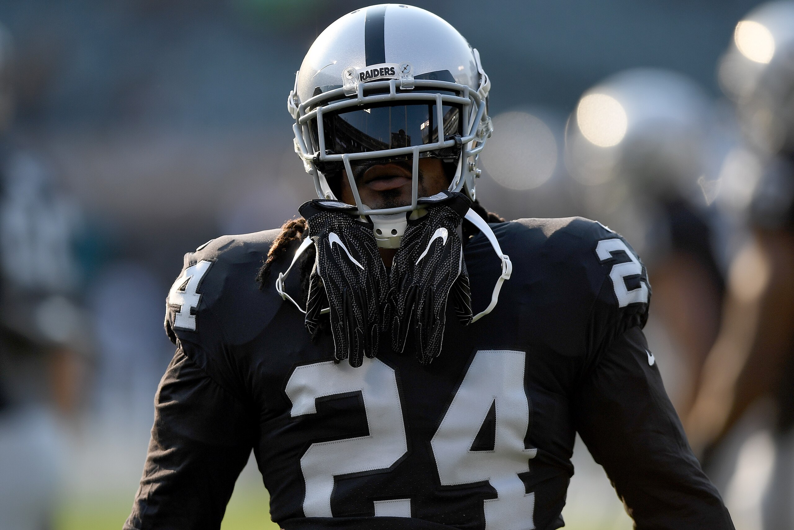 OAKLAND, CA - AUGUST 19:  Marshawn Lynch #24 of the Oakland Raiders looks on during pregame warm ups prior to playing the Los Angeles Rams in an NFL preseason football game at Oakland-Alameda County Coliseum on August 19, 2017 in Oakland, California.  (Ph