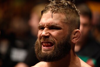 KANSAS CITY, MO - APRIL 15:  Jeremy Stephens prepares to enter the Octagon before facing Renato Moicano of Brazil in their featherweight fight during the UFC Fight Night event at Sprint Center on April 15, 2017 in Kansas City, Missouri. (Photo by Josh Hed