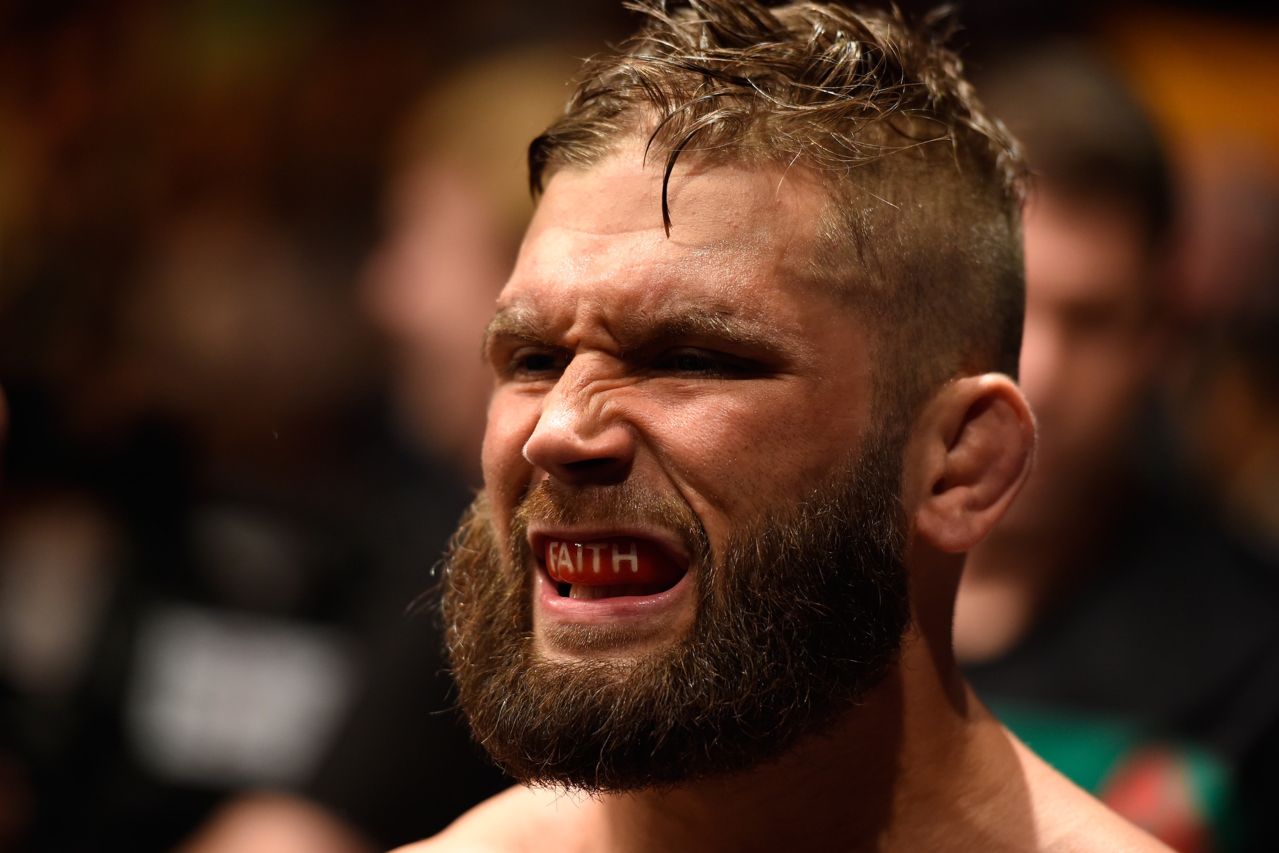 KANSAS CITY, MO - APRIL 15:  Jeremy Stephens prepares to enter the Octagon before facing Renato Moicano of Brazil in their featherweight fight during the UFC Fight Night event at Sprint Center on April 15, 2017 in Kansas City, Missouri. (Photo by Josh Hed