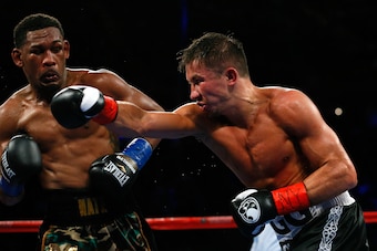 Mar 18, 2017; New York City, NY, USA;  Gennady Golovkin against Daniel Jacobs during middleweight world championship fight at Madison Square Garden. Mandatory Credit: Noah K. Murray-USA TODAY Sports
