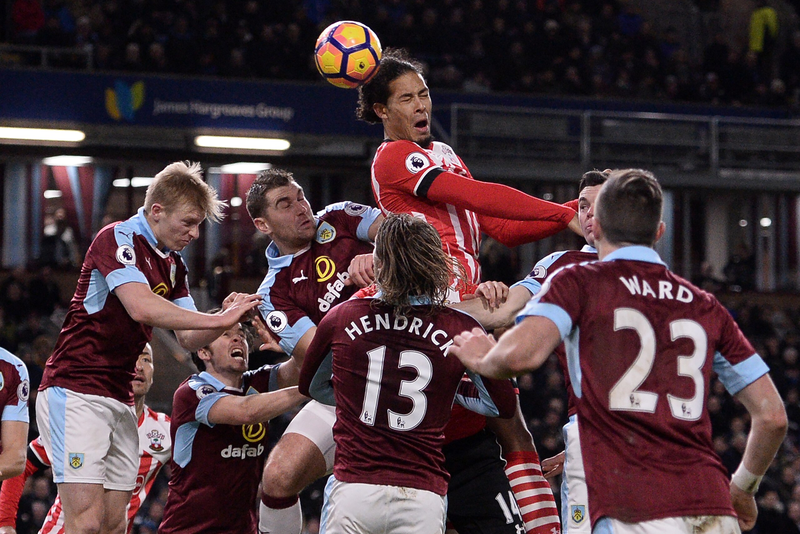 Southampton's Dutch defender Virgil van Dijk jumps to win a header in the Burnley area during the English Premier League football match between Burnley and Southampton at Turf Moor in Burnley, north west England on January 14, 2017.
Burnley won the game 1 Southampton's Dutch defender Virgil van Dijk jumps to win a header in the Burnley area during the English Premier League football match between Burnley and Southampton at Turf Moor in Burnley, north west England on January 14, 2017.
Burnley won the game 1