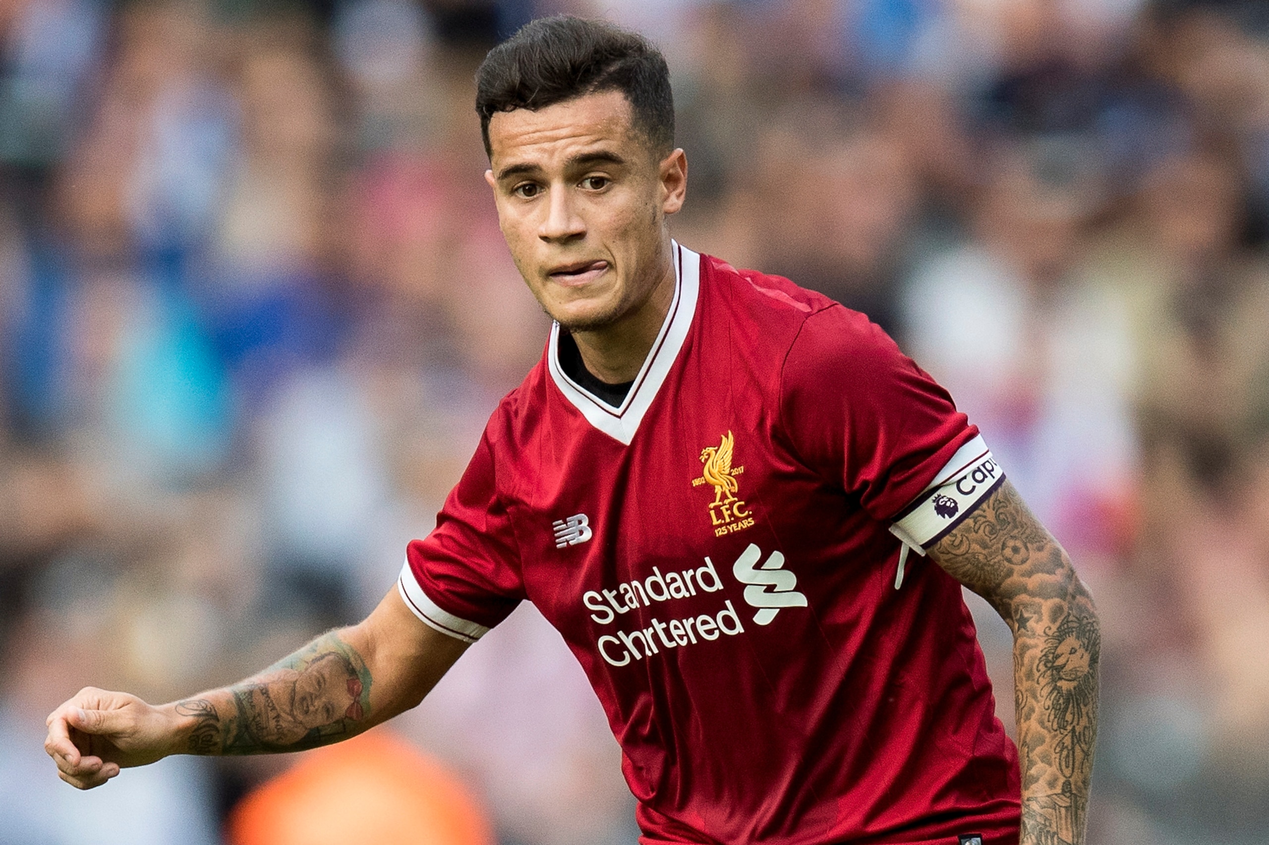 BERLIN, GERMANY - JULY 29:  Philippe Coutinho of Liverpool FC runs with the ball during the Preseason Friendly match between Hertha BSC and FC Liverpool at Olympiastadion on July 29, 2017 in Berlin, Germany.  (Photo by Boris Streubel/Getty Images)