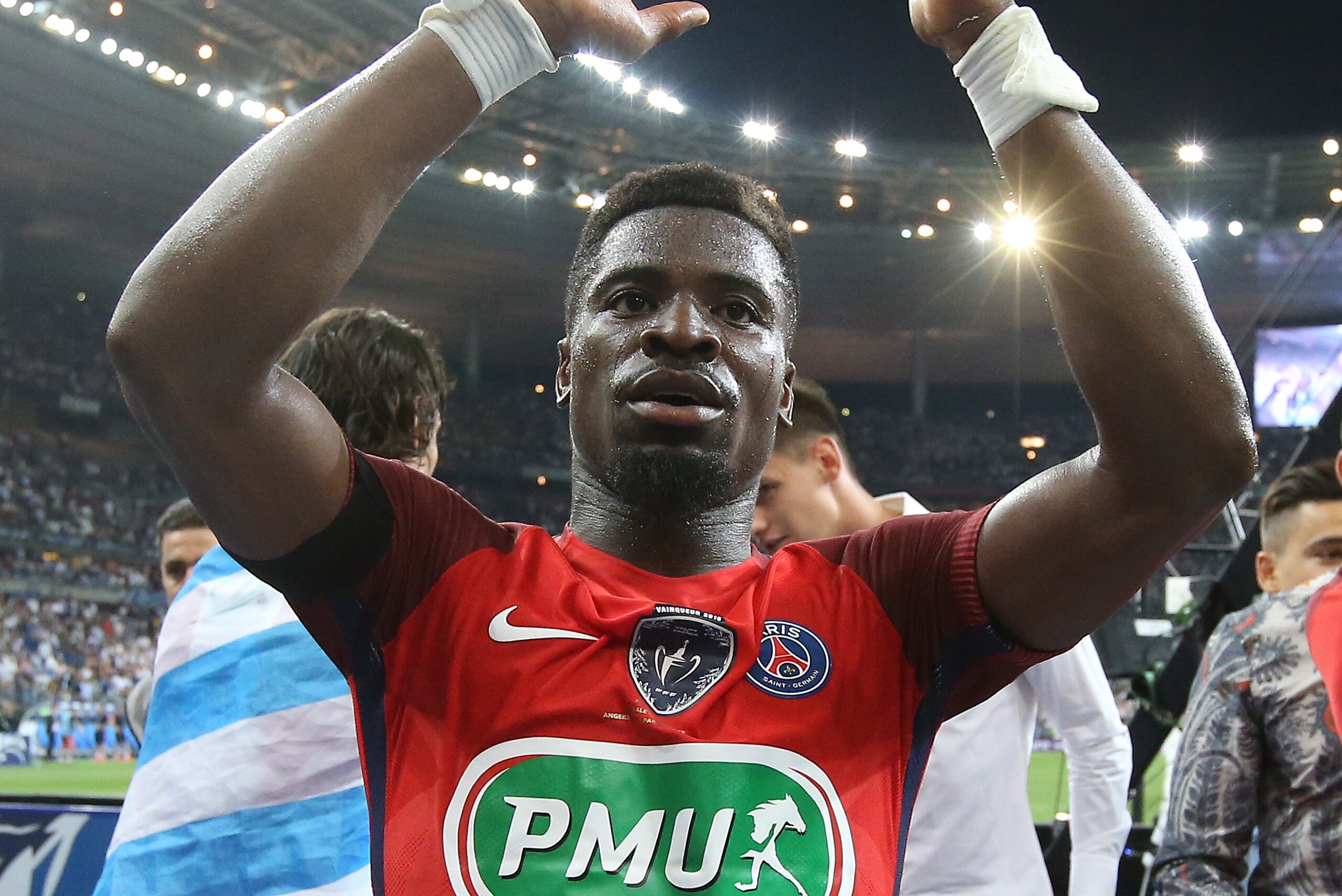 PARIS, FRANCE - MAY 27: Serge Aurier of PSG celebrates the victory following the French Cup final (Coupe de France) between Paris Saint-Germain and SCO Angers at Stade de France on May 27, 2017 in Saint-Denis near Paris, France. (Photo by Jean Catuffe/Get
