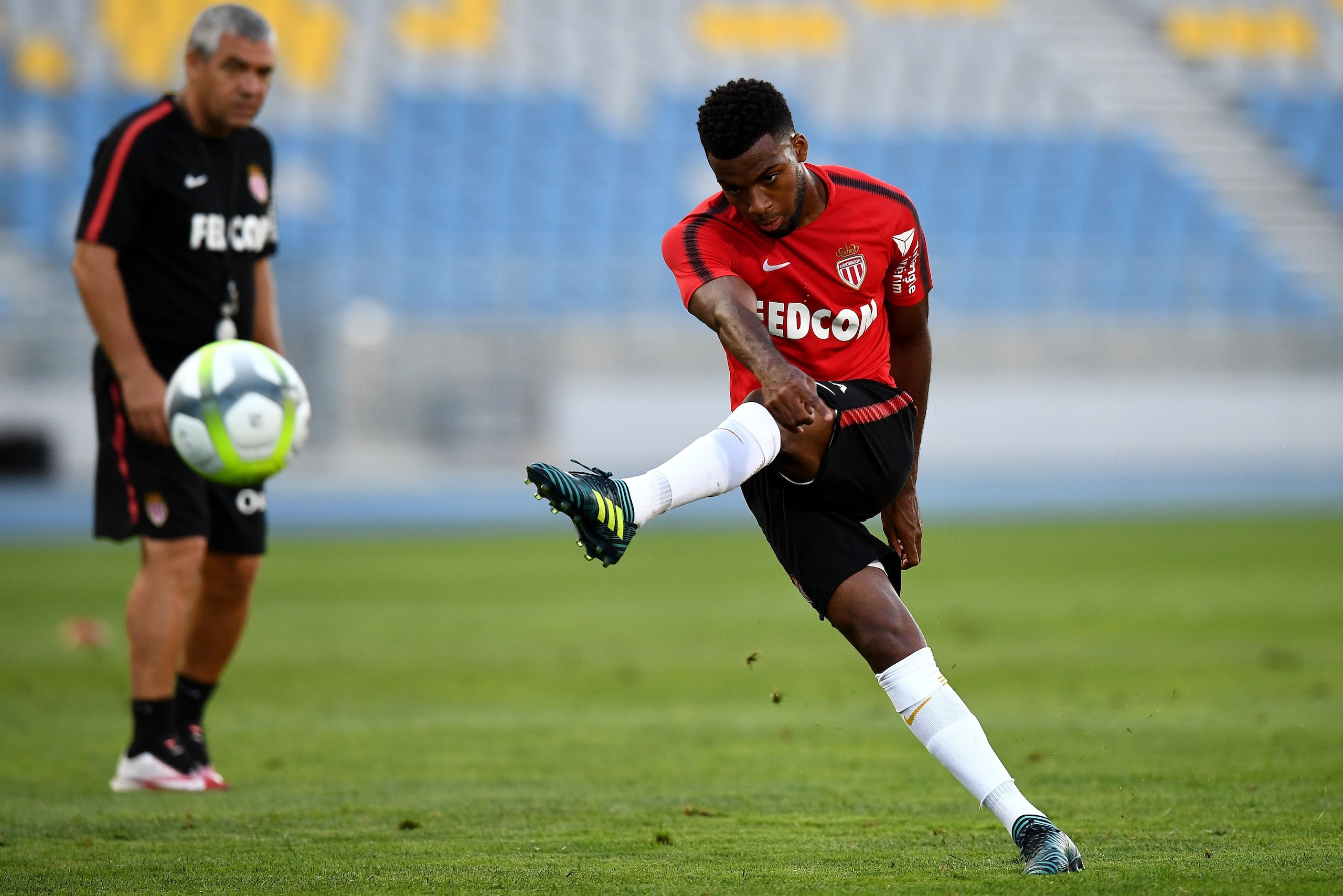 Monaco's French midfielder Thomas Lemar kicks the ball during a training session at the Grand Stade in Tangiers on July 28, 2017 on the eve of the French Trophy of Champions (Trophee des Champions) football match between Paris Saint-Germain and Monaco. / 