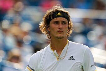 MASON, OH - AUGUST 16:  Alexander Zverev of Germany reacts against Frances Tiafoe of the United States during Day 5 of the Western and Southern Open at the Lindner Family Tennis Center on August 16, 2017 in Mason, Ohio.  (Photo by Michael Reaves/Getty Ima