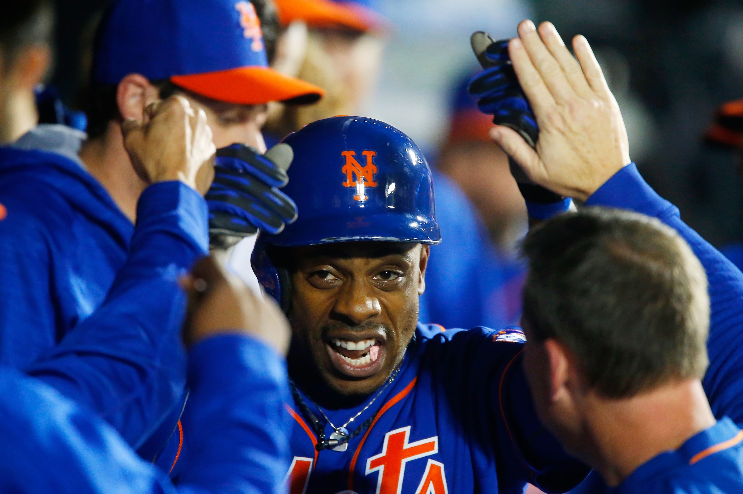 NEW YORK, NY - NOVEMBER 01:  (NEW YORK DAILIES OUT)    Curtis Granderson #3 of the New York Mets celebrates his first inning home run against the Kansas City Royals during game five of the 2015 World Series at Citi Field on November 1, 2015 in the Flushin