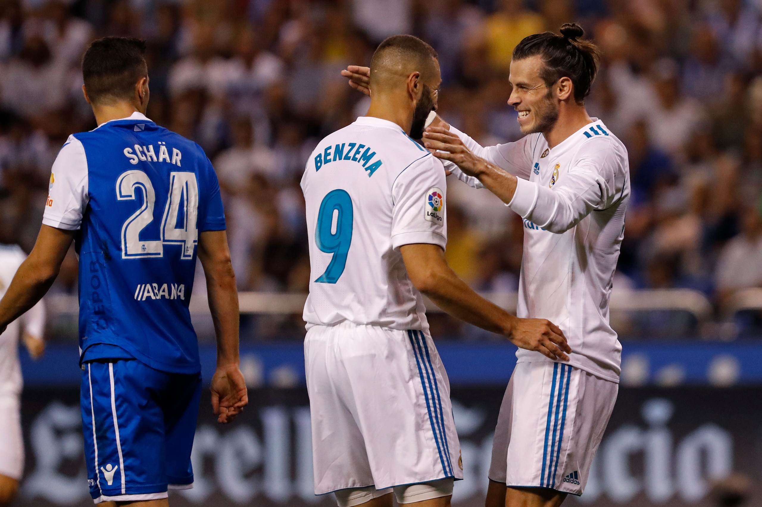 LA CORUNA, SPAIN - AUGUST 20: Karim Benema of Real Madrid and Gareth Bale of Real Madrid celebrate a goal during the La Liga match between Deportivo La Coruna and Real Madrid at Riazor Stadium on August 20, 2017 in La Coruna, Spain. Photo by TF-Images/TF- LA CORUNA, SPAIN - AUGUST 20: Karim Benema of Real Madrid and Gareth Bale of Real Madrid celebrate a goal during the La Liga match between Deportivo La Coruna and Real Madrid at Riazor Stadium on August 20, 2017 in La Coruna, Spain. Photo by TF-Images/TF-