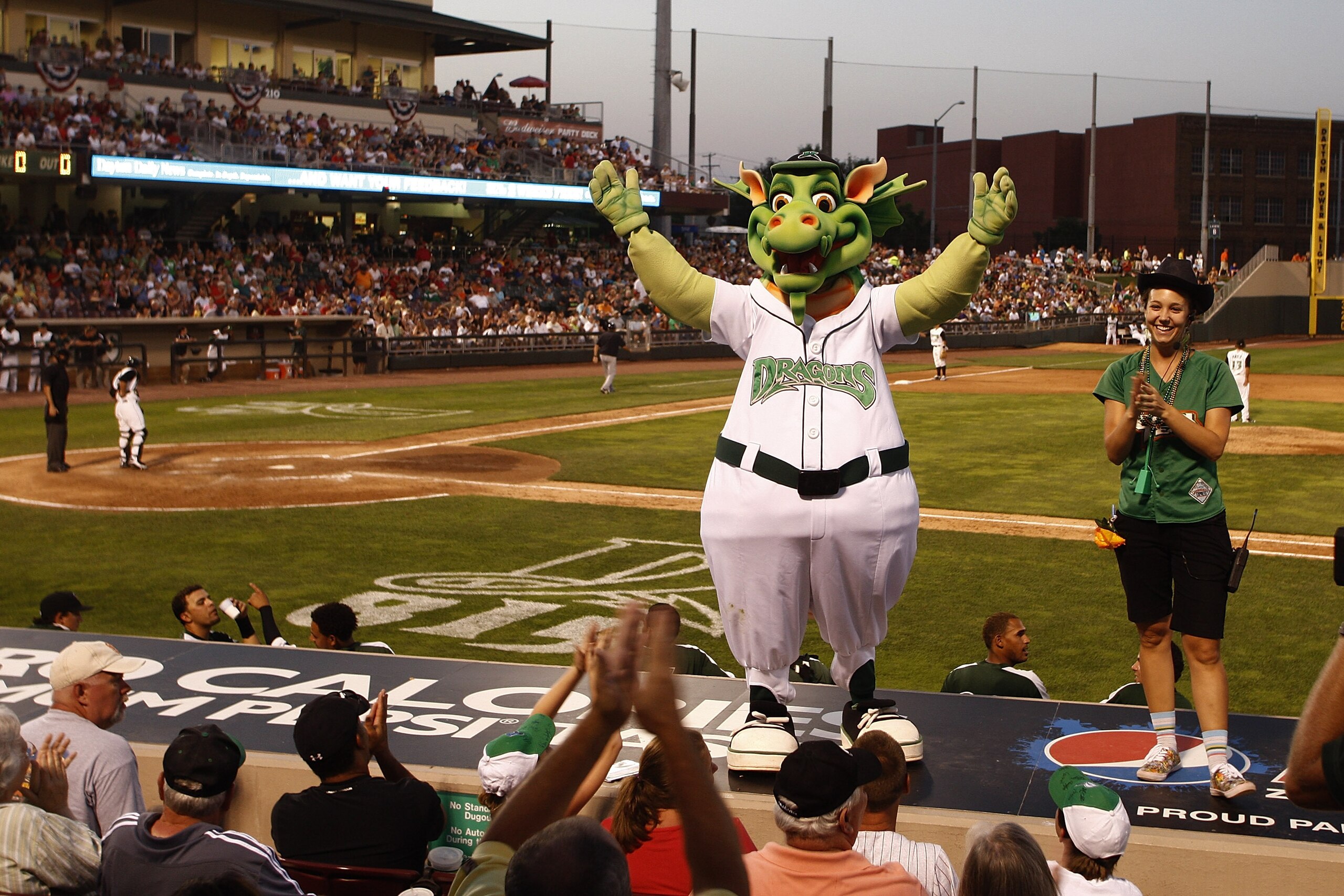DAYTON, OH - JULY 9: Heater and members of the Dayton Dragons Rally Pack entertain the crowd during the game between the Dayton Dragons and the South Bend Silver Hawks breaking the All Time Professional Sports Consecutive Sellout Record at 815 consecutive