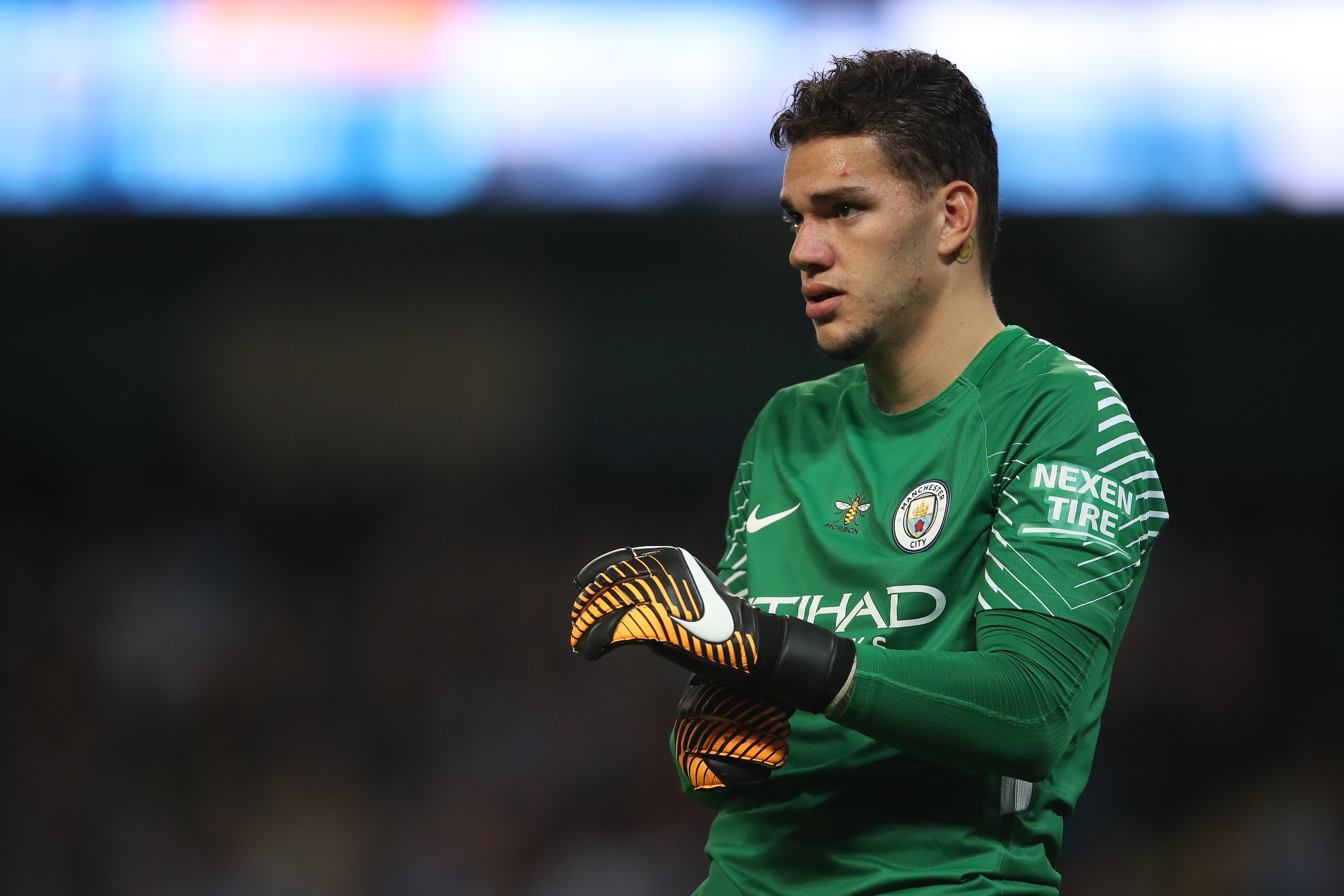 MANCHESTER, ENGLAND - AUGUST 21: Ederson of Manchester City during the Premier League match between Manchester City and Everton at Etihad Stadium on August 21, 2017 in Manchester, England. (Photo by Robbie Jay Barratt - AMA/Getty Images)