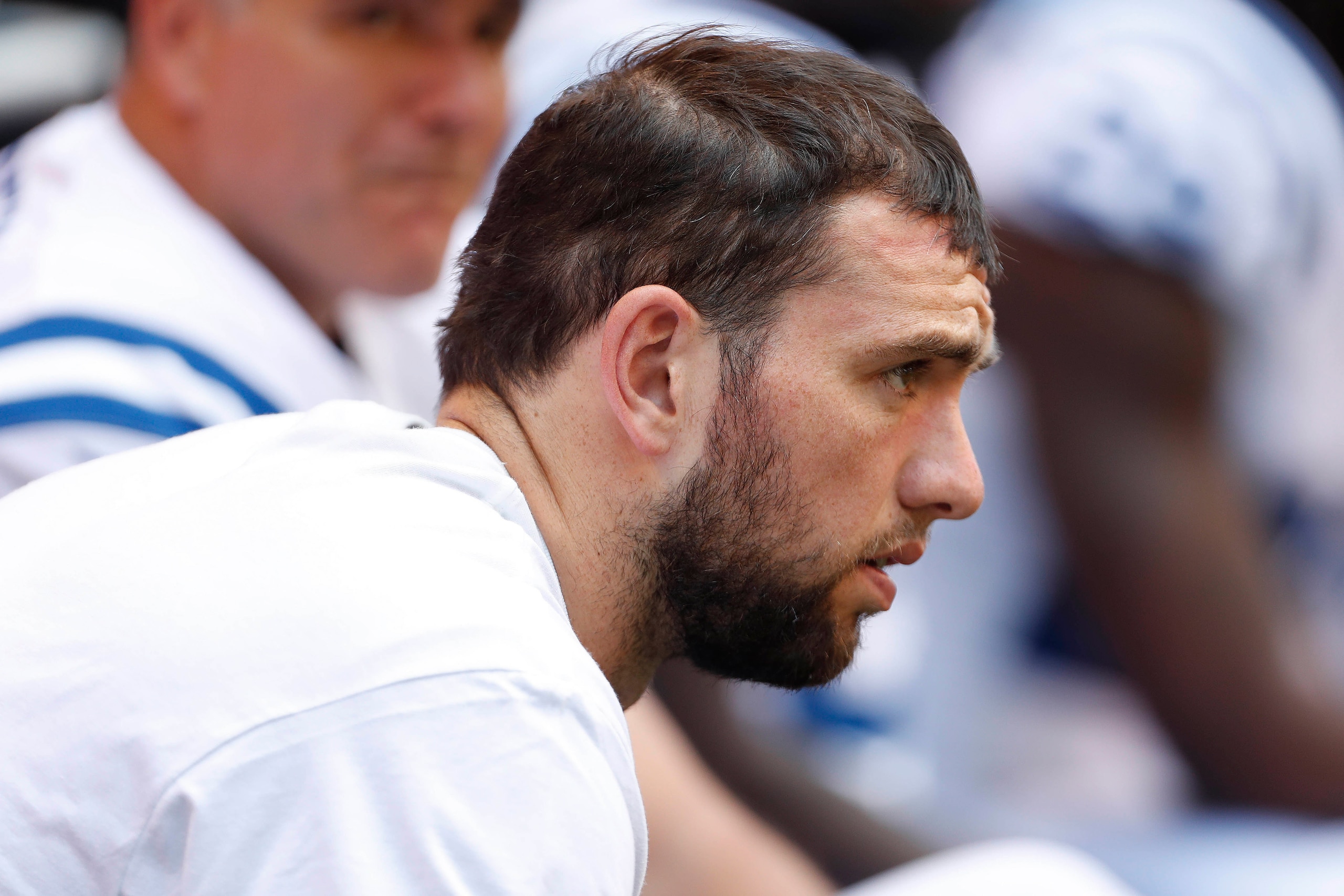 Aug 13, 2017; Indianapolis, IN, USA;  Indianapolis Colts quarterback Andrew Luck watches on the sidelines during a game against the Detroit Lions at Lucas Oil Stadium. Mandatory Credit: Brian Spurlock-USA TODAY Sports