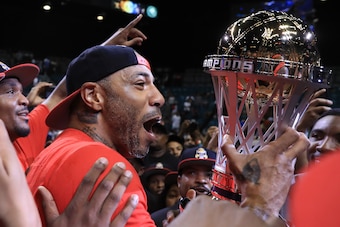 LAS VEGAS, NV - AUGUST 26:  Kenyon Martin #4 of the Trilogy celebrates with the trophy after winning the BIG3 three on three basketball league championship game against 3 Headed Monsters on August 26, 2017 in Las Vegas, Nevada.  (Photo by Sean M. Haffey/B