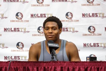 TALLAHASSEE, FL - MARCH 29: Defensive back Jalen Ramsey talk with the media after working out for NFL Scouts and Coaches during Florida State Pro Day at the Dunlap Training Facility on the campus of FSU on March 29, 2016 in Tallahassee, Florida. (Photo by