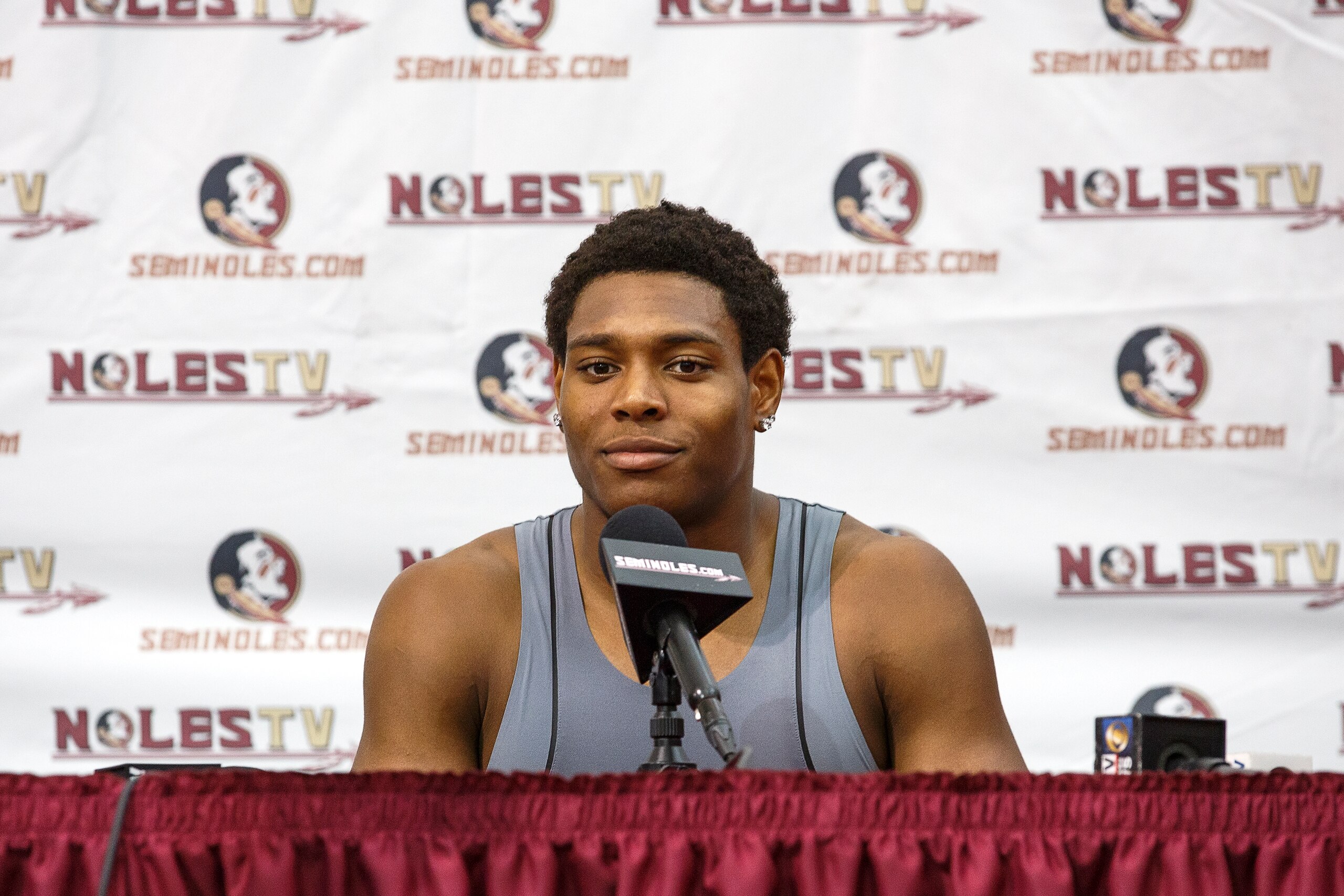 TALLAHASSEE, FL - MARCH 29: Defensive back Jalen Ramsey talk with the media after working out for NFL Scouts and Coaches during Florida State Pro Day at the Dunlap Training Facility on the campus of FSU on March 29, 2016 in Tallahassee, Florida. (Photo by