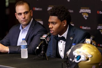 JACKSONVILLE, FL - APRIL 29: Cornerback Jalen Ramsey of the Jacksonville Jaguars speaking to the media for the first time as General Manager Dave Caldwell looks on at EverBank Field on April 29, 2016 in Jacksonville, Florida. The Jaguars selected Ramsey f