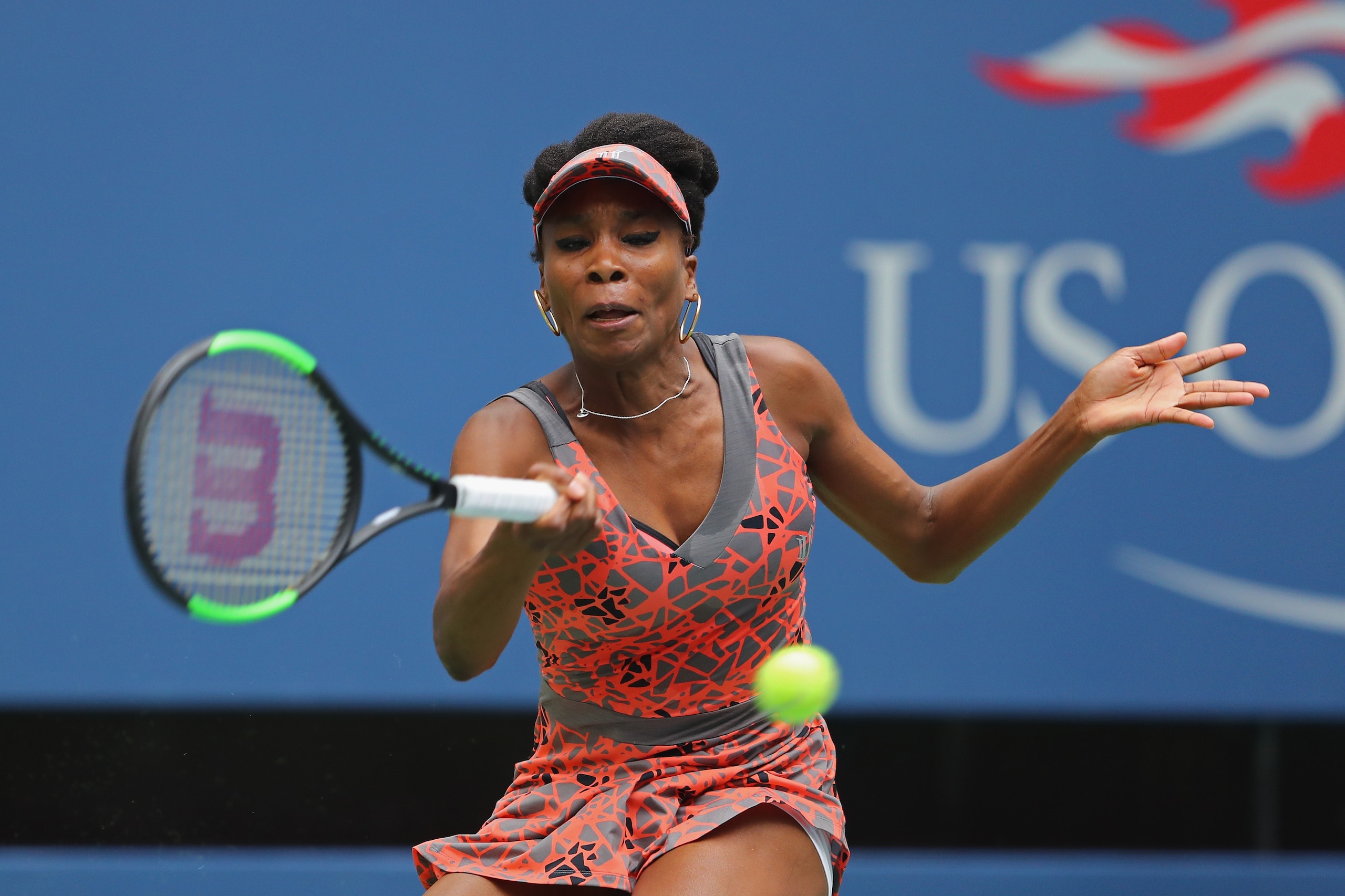 NEW YORK, NY - AUGUST 28:  Venus Williams of the United States returns a shot during her first round Women's Single match against Viktoria Kuzmova of Slovakia on Day One of the 2017 US Open at the USTA Billie Jean King National Tennis Center on August 28,