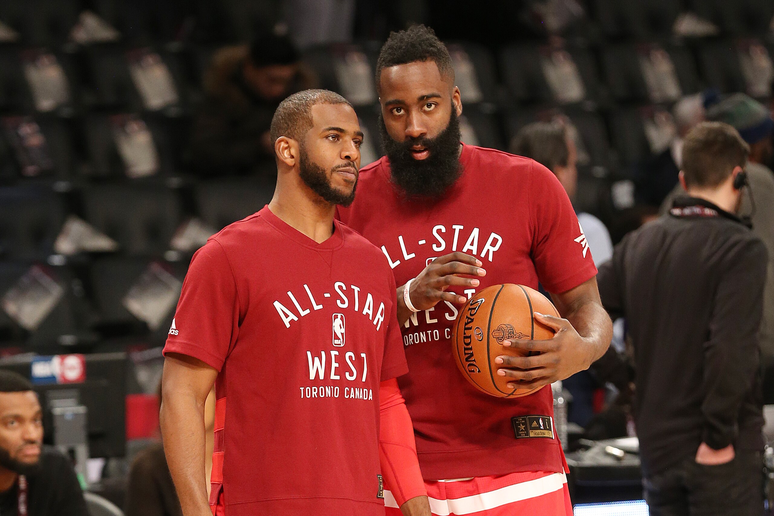 TORONTO, CANADA - FEBRUARY 14:  Chris Paul #3 of the Western Conference and James Harden #13 of the Western Conference talk before the game against the Eastern Conference during the 2016 NBA All-Star Game on February 14, 2016 at the Air Canada Centre in T
