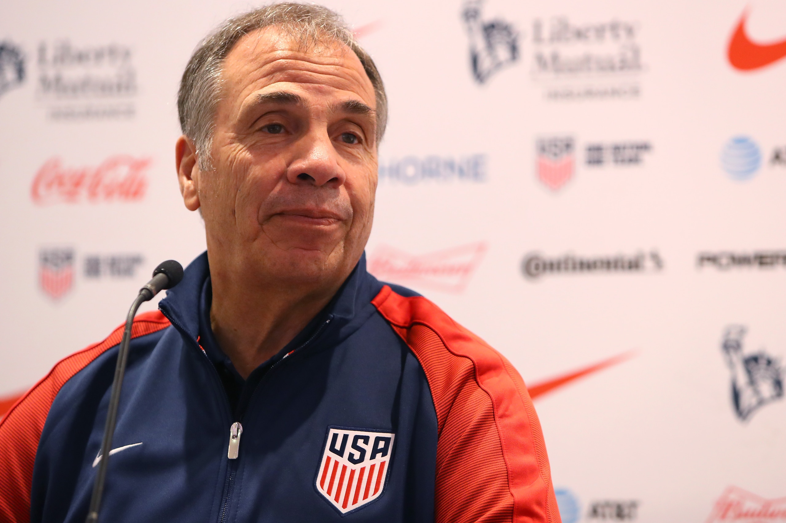 NEW YORK, NY - AUGUST 29:  Head coach Bruce Arena speaks during a United States men's national team soccer press conference ahead of Friday's World Cup Qualifier against Costa Rica at NYCFC House on August 29, 2017 in New York City.  (Photo by Mike Lawrie