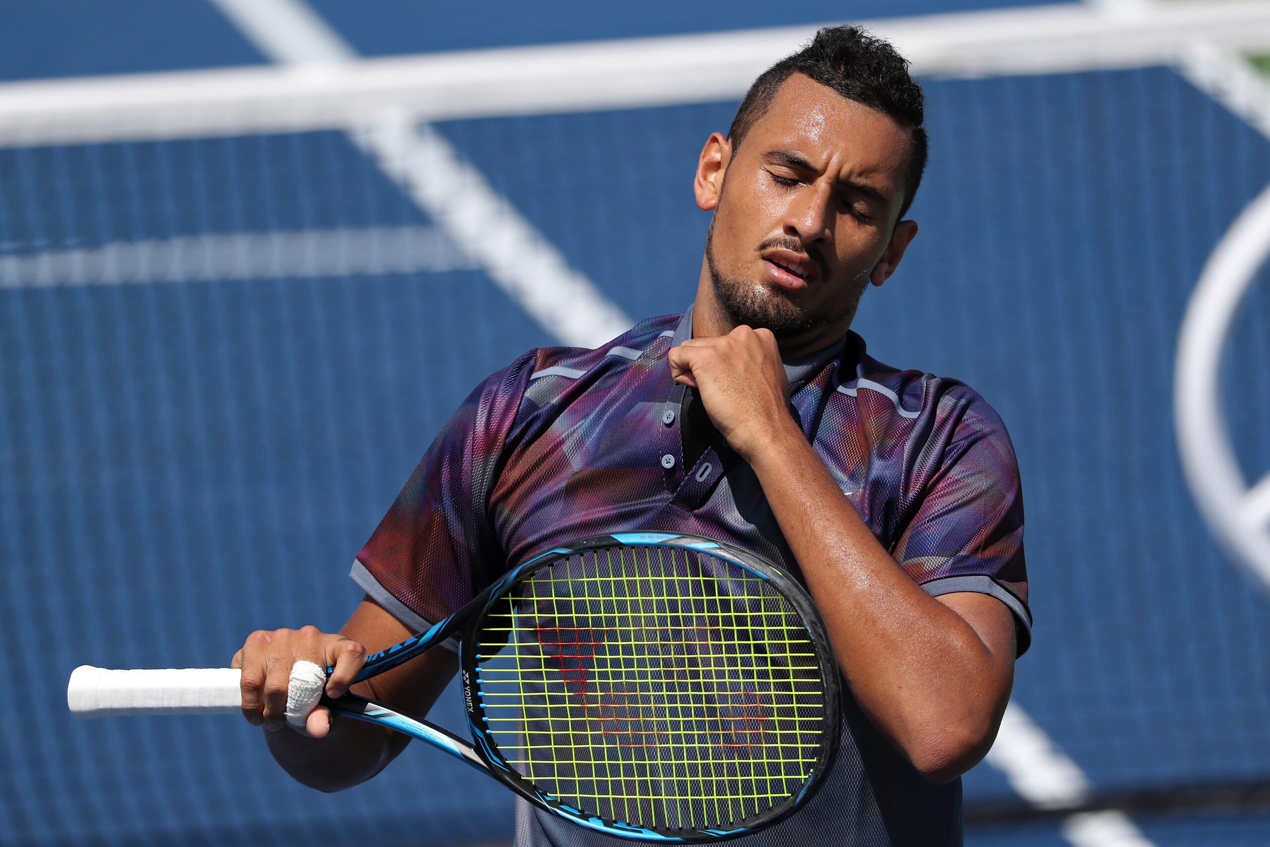 Aug 30, 2017; New York, NY, USA; Nick Kyrgios of Australia reacts against John Millman of Australia (not pictured) on day three of the U.S. Open tennis tournament at USTA Billie Jean King National Tennis Center. Mandatory Credit: Geoff Burke-USA TODAY Spo